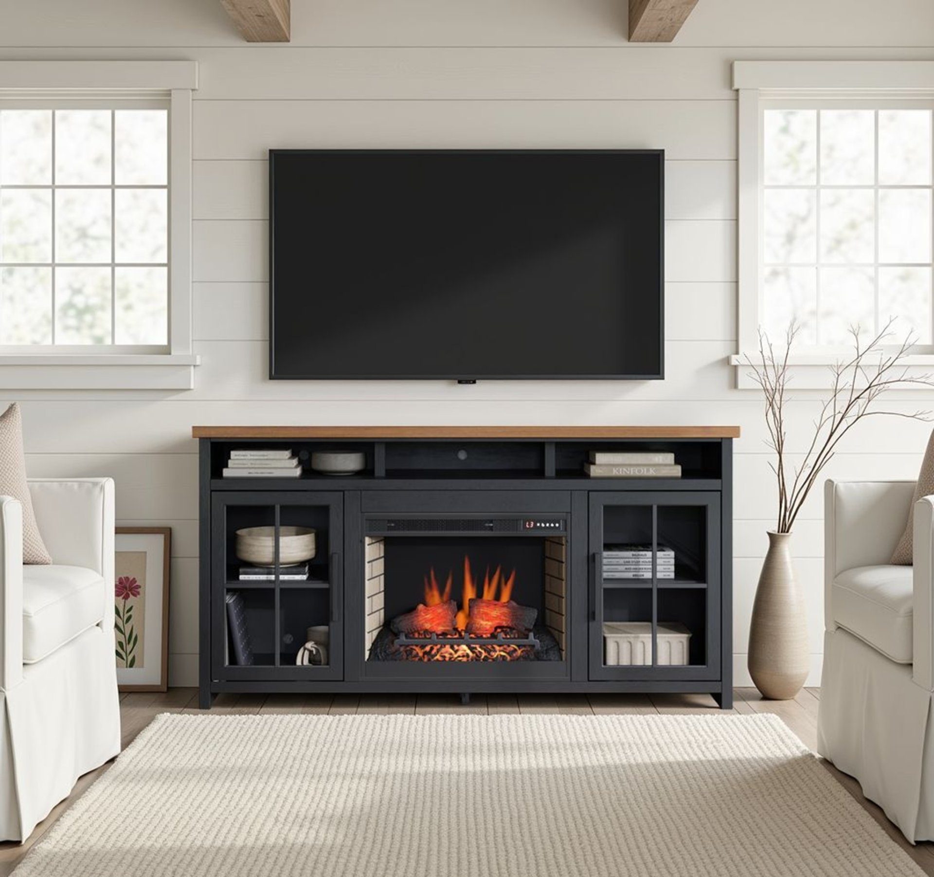 Essex - Fireplace TV Stand Console For TVs Up To 85" - Black, Whiskey - Image 2