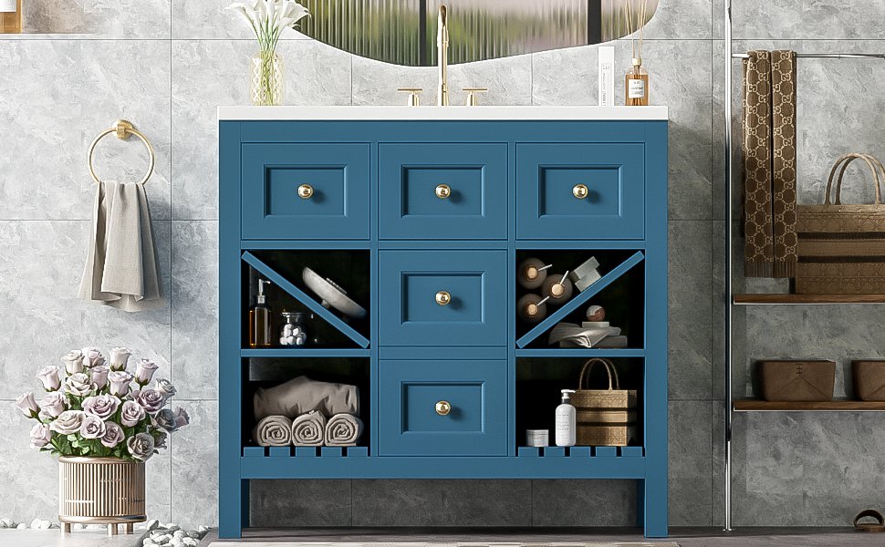 Bathroom Vanity With Resin Sink Combo, Frame Bathroom Storage Cabinet, Freestanding Vanity Set, 5 Drawers & Soft Closing Doors - Blue - Image 22