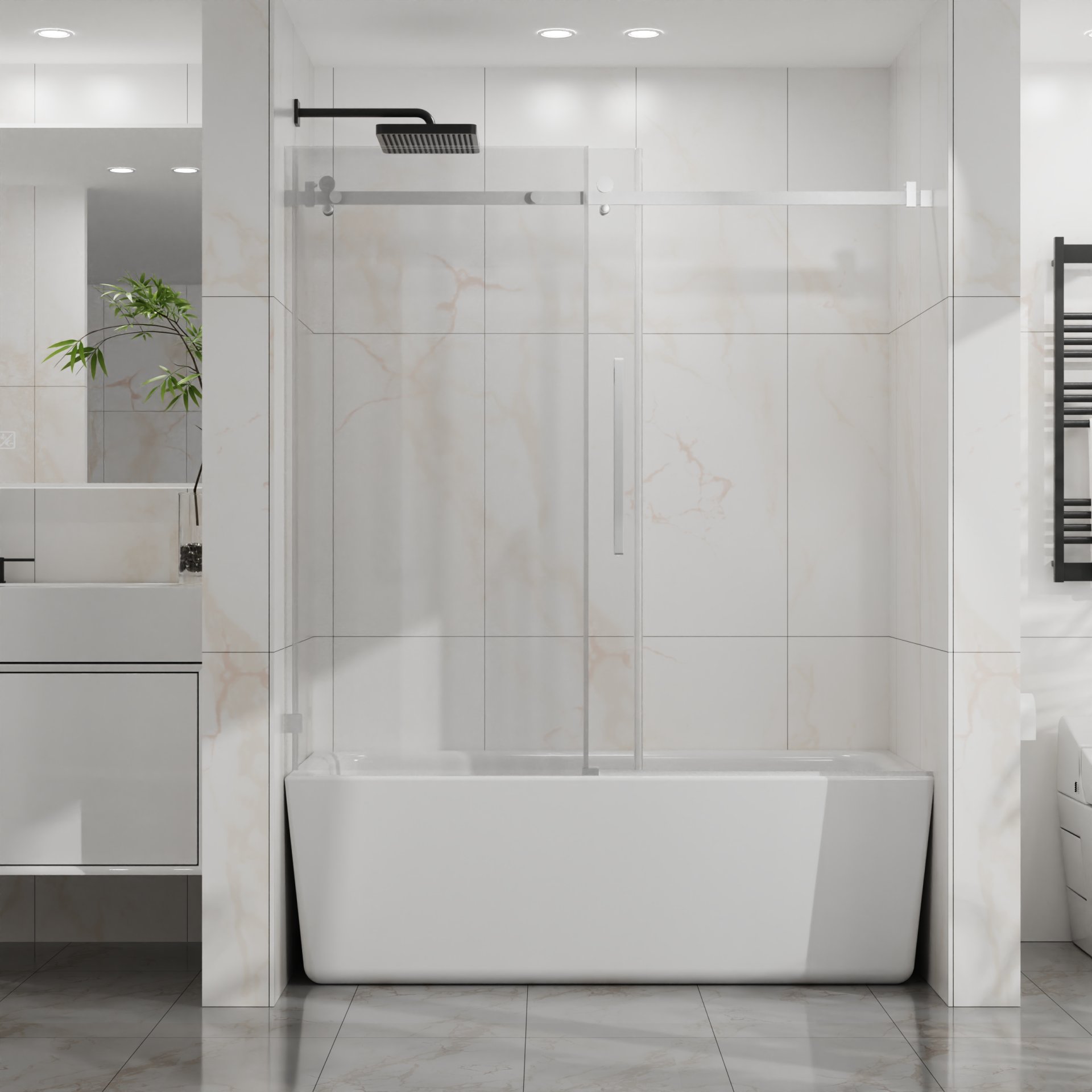 Frameless Bathtub Door, Sleek Silent Sliding Glass Door, Tempered Glass - Chrome - Image 10