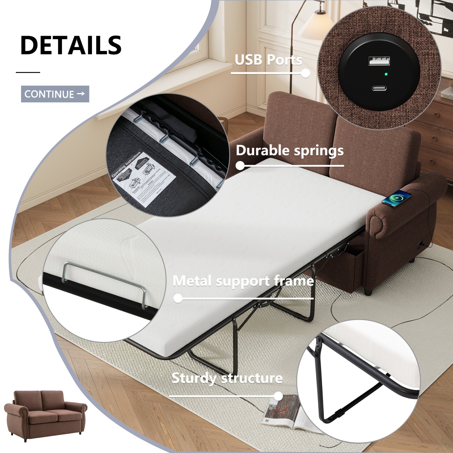 Pull Out Sofa Bed Loveseat Sleeper With Twin Size Memory Mattress With Two USB Ports For Living Room Spaces - Brown - Image 6