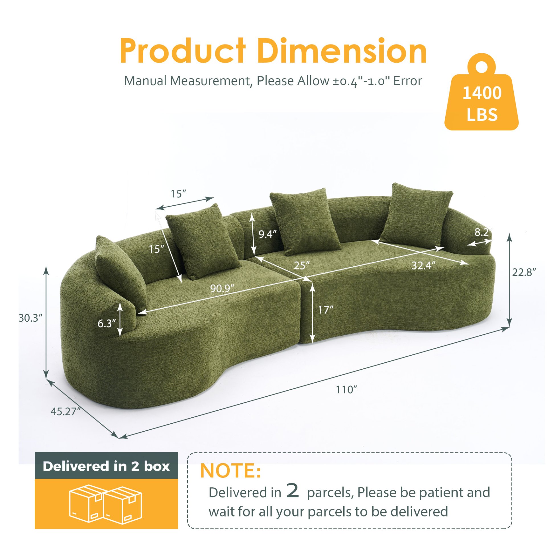 4 Seater Sofa With Chenille Fabric, 30D, 60 Hardness Full Sponge, 4 Pillow For Living Room, Home Furniture Sleeper Sectional Sofa For Apartment - Green - Image 14