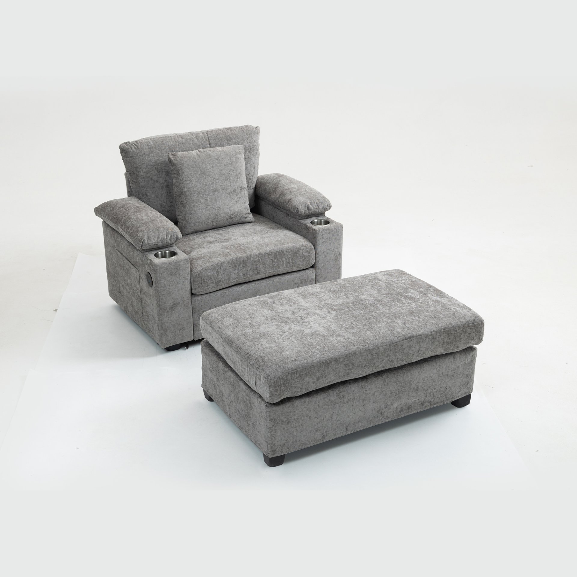 Modern Oversized Chair With Ottoman, Chenille Fabric Sofa Bed, Accent Chair Comfy Sofa With Cupholders And USB Charging Ports Chair For Living Room - Gray - Image 10