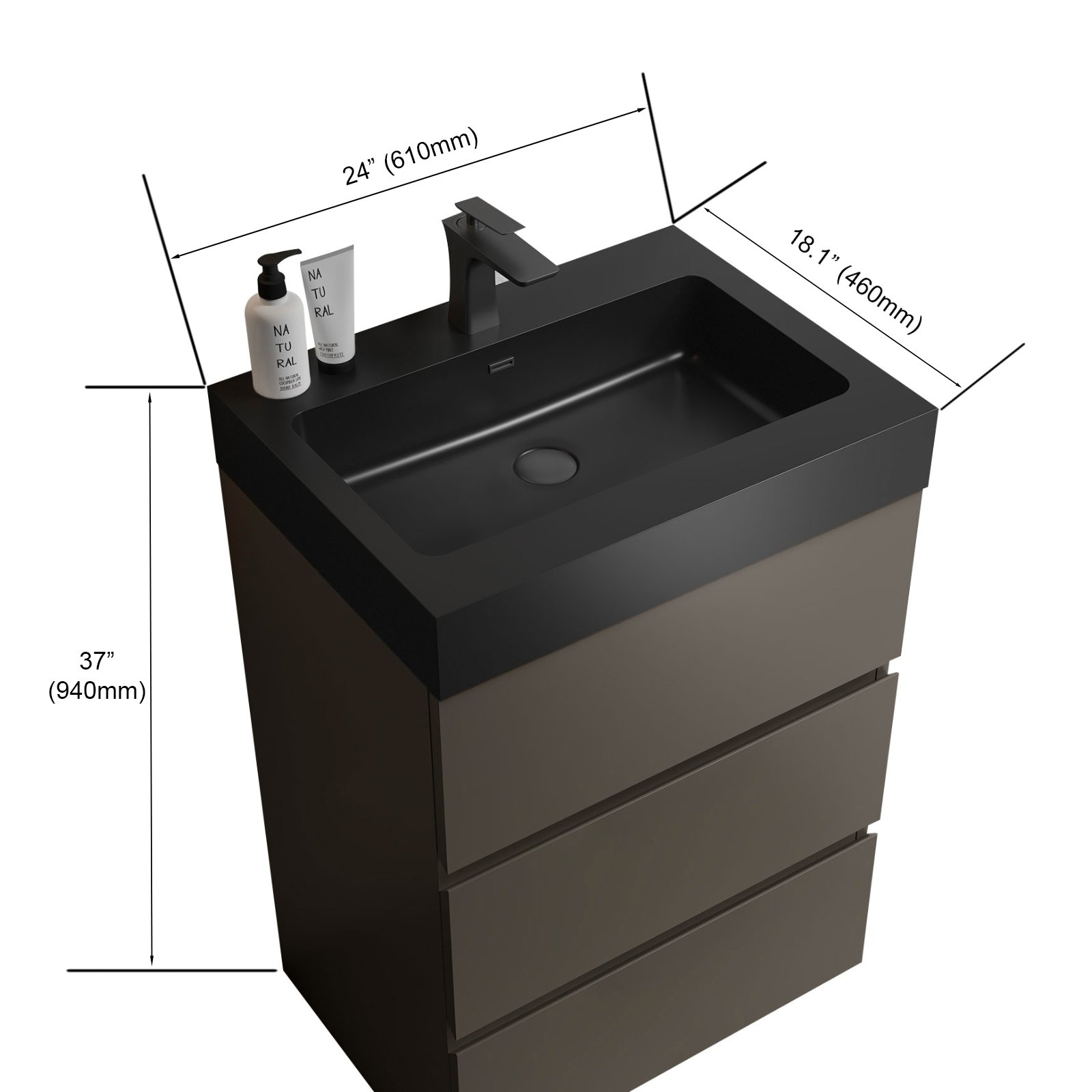 Alice - 24" Bathroom Vanity With Sink, Large Storage Freestanding Bathroom Vanity For Modern Bathroom, One-Piece Black Sink Basin Without Drain And Faucet - Black / Gray - Image 3
