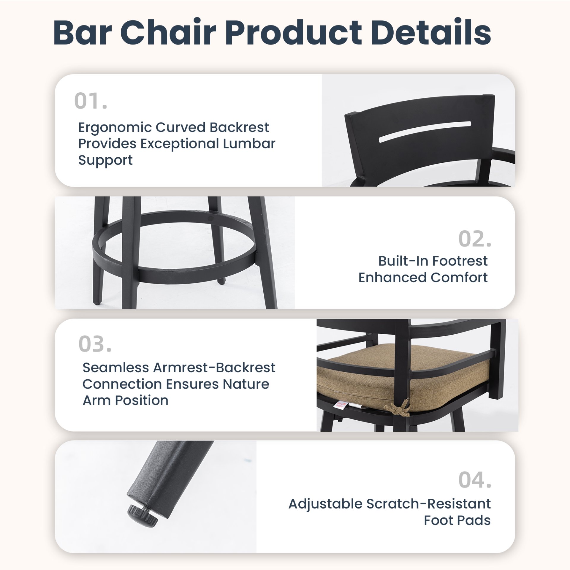 5 Pieces Outdoor Patio Bar Set, Rounded Square Table & 4 Swivel Bar Chairs - Ember Black / Linen Sesame - Image 7