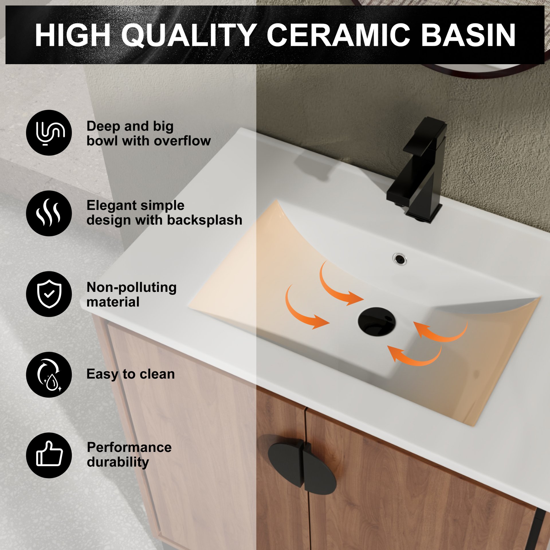 Bathroom Vanity Freestanding Cabinet With Sink - Brown - Image 9