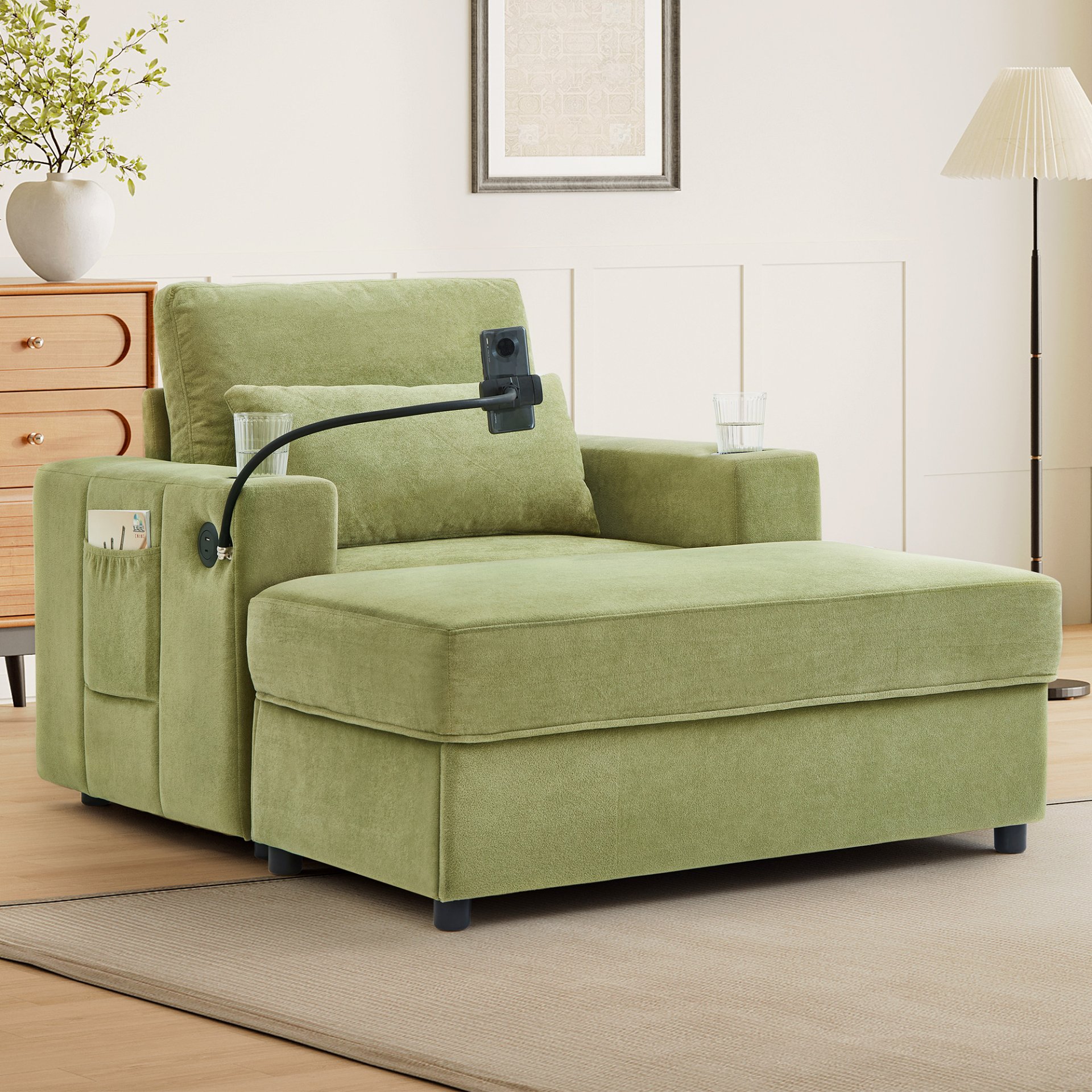 Modern Style Armchair Chaise Lounge Sofa Couch With Movable Storage Ottoman, USB Ports, Cup Holders, Phone Holder, Side Pockets - Green - Image 10