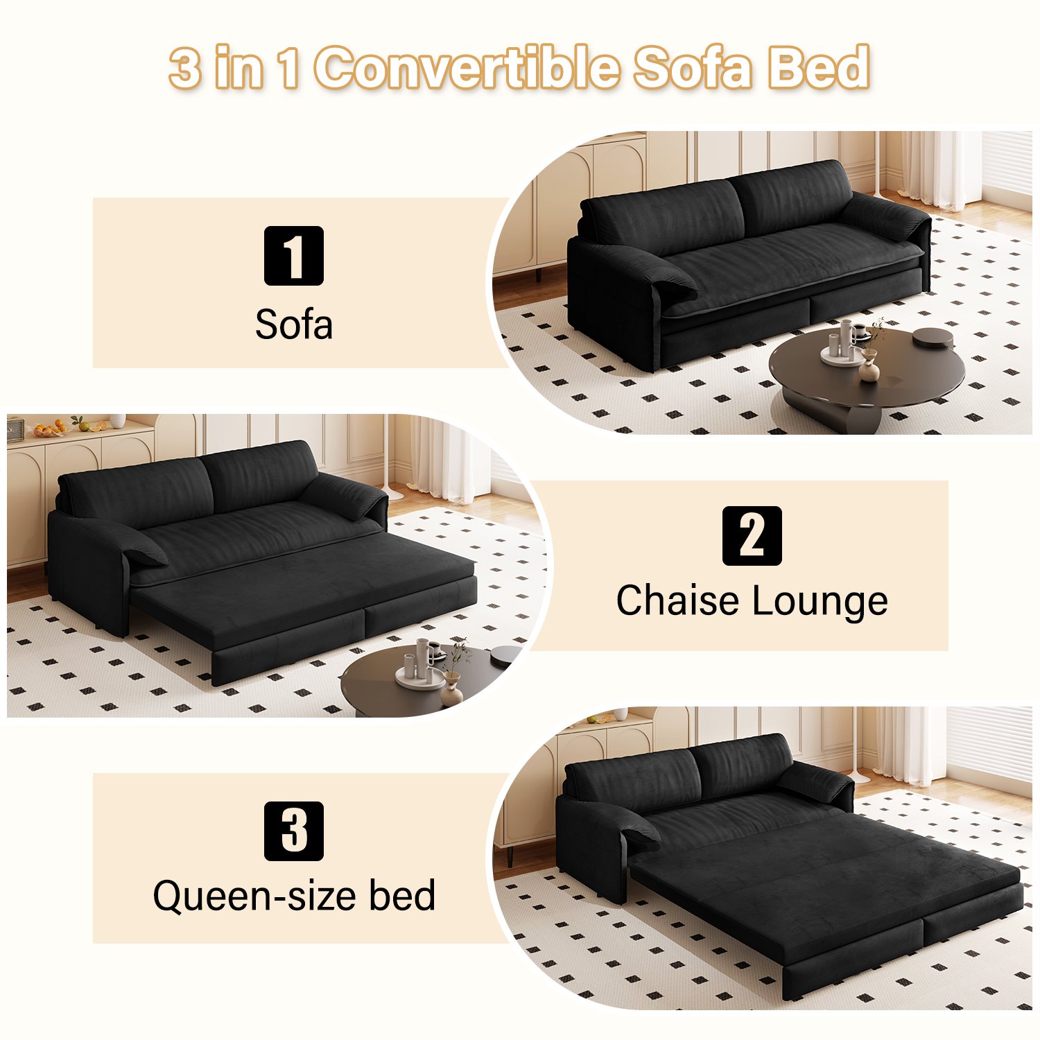 Queen Pull Out Sofa Bed, 3 In 1 Convertible Sleeper Sofa With Side Storage - Black - Image 8