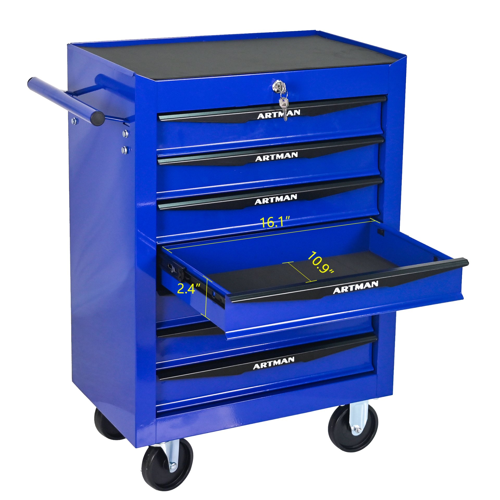 Rolling Metal Tool Chest With 7 Drawers, 20" Steel Storage Cabinet With Ball Bearing Slides - Black / Blue - Image 9