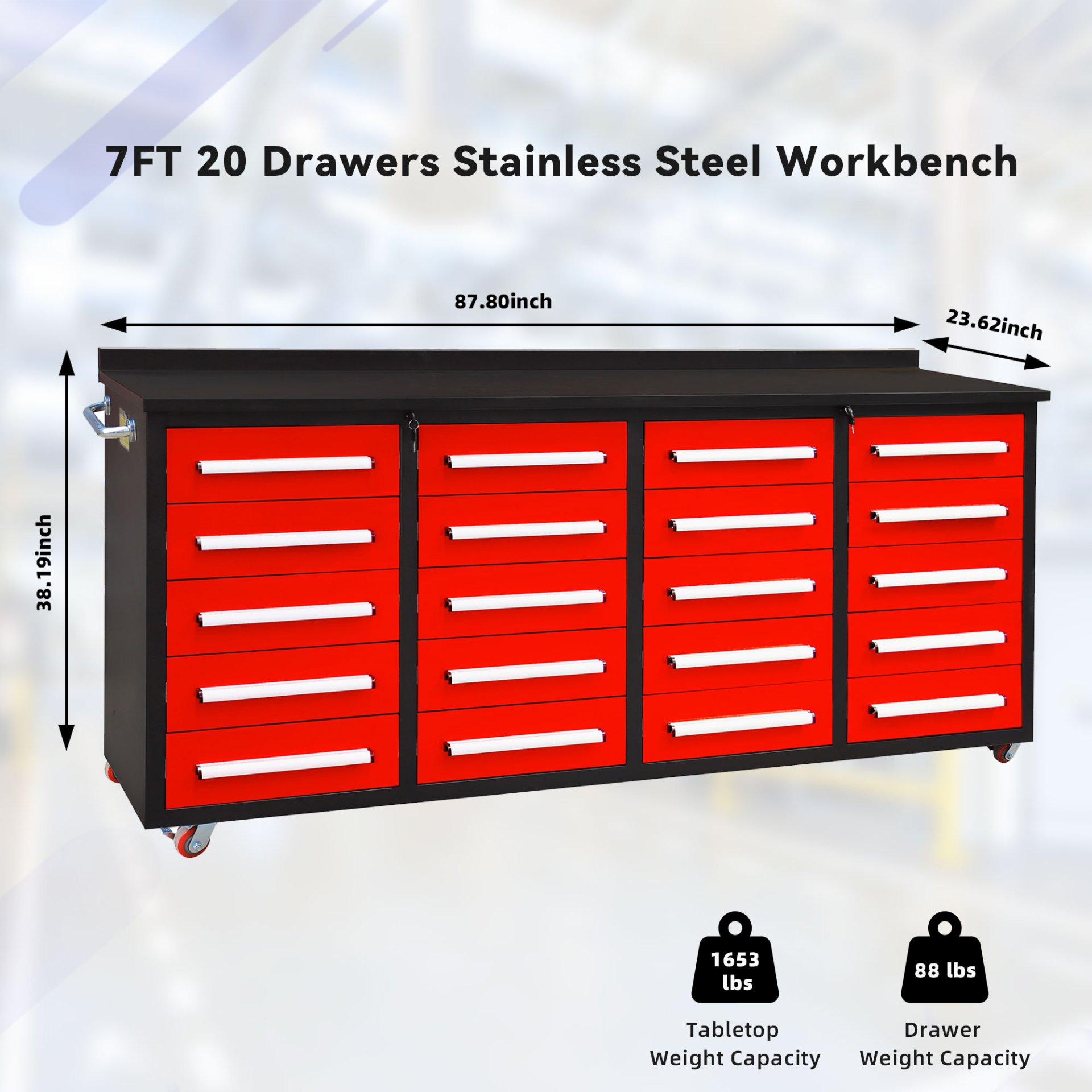 Garage Storage Cabinets With Workbench (20 Drawers) - Red - Image 3