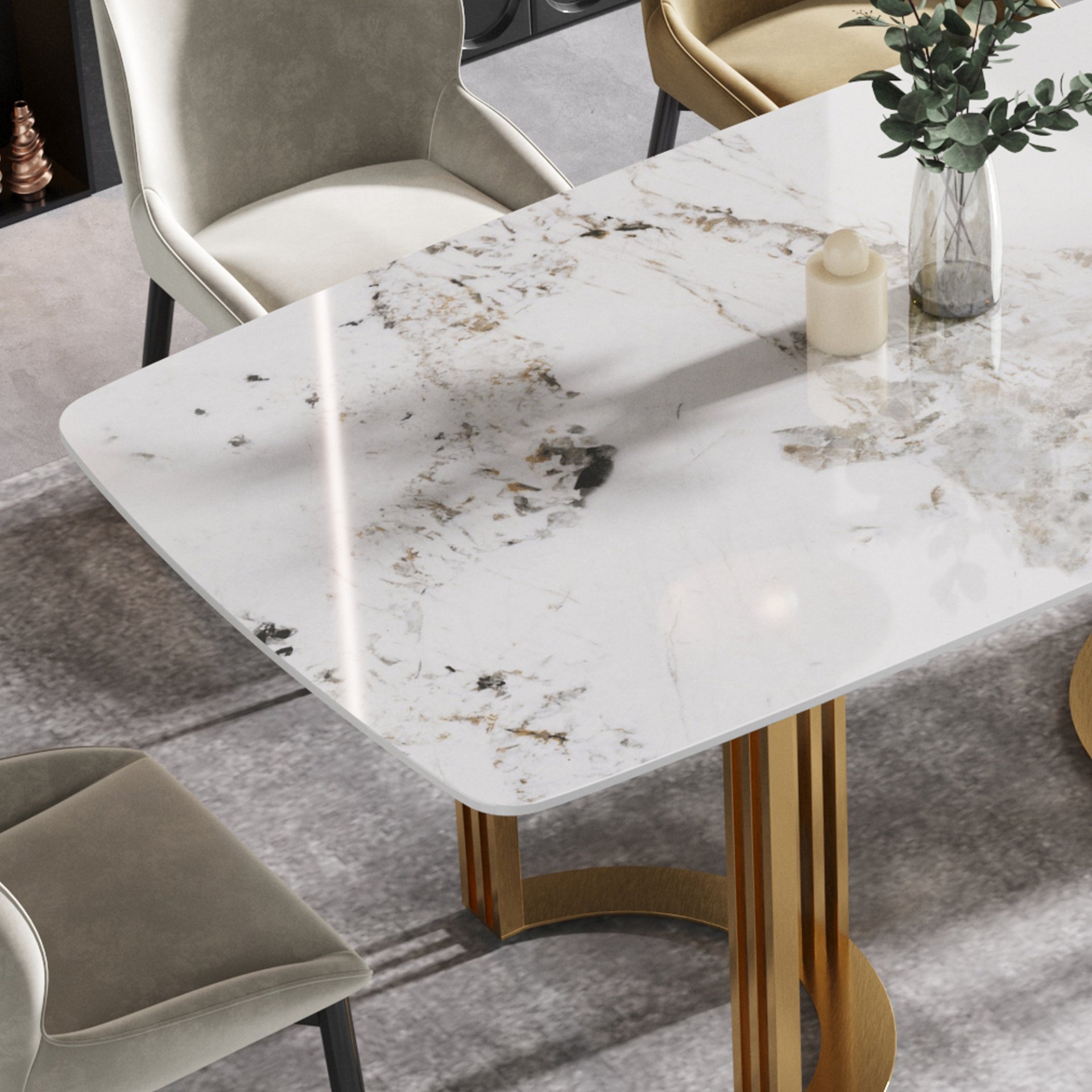 63" Modern Artificial Stone Pandora White Curved Metal Leg Dining Table, 6 People - Antique White - Image 7