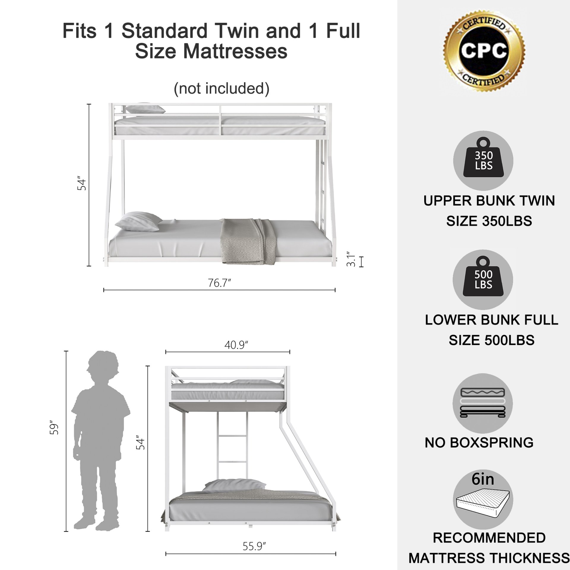 Adam - Twin Over Full Metal Bunk Bed - White - Image 17