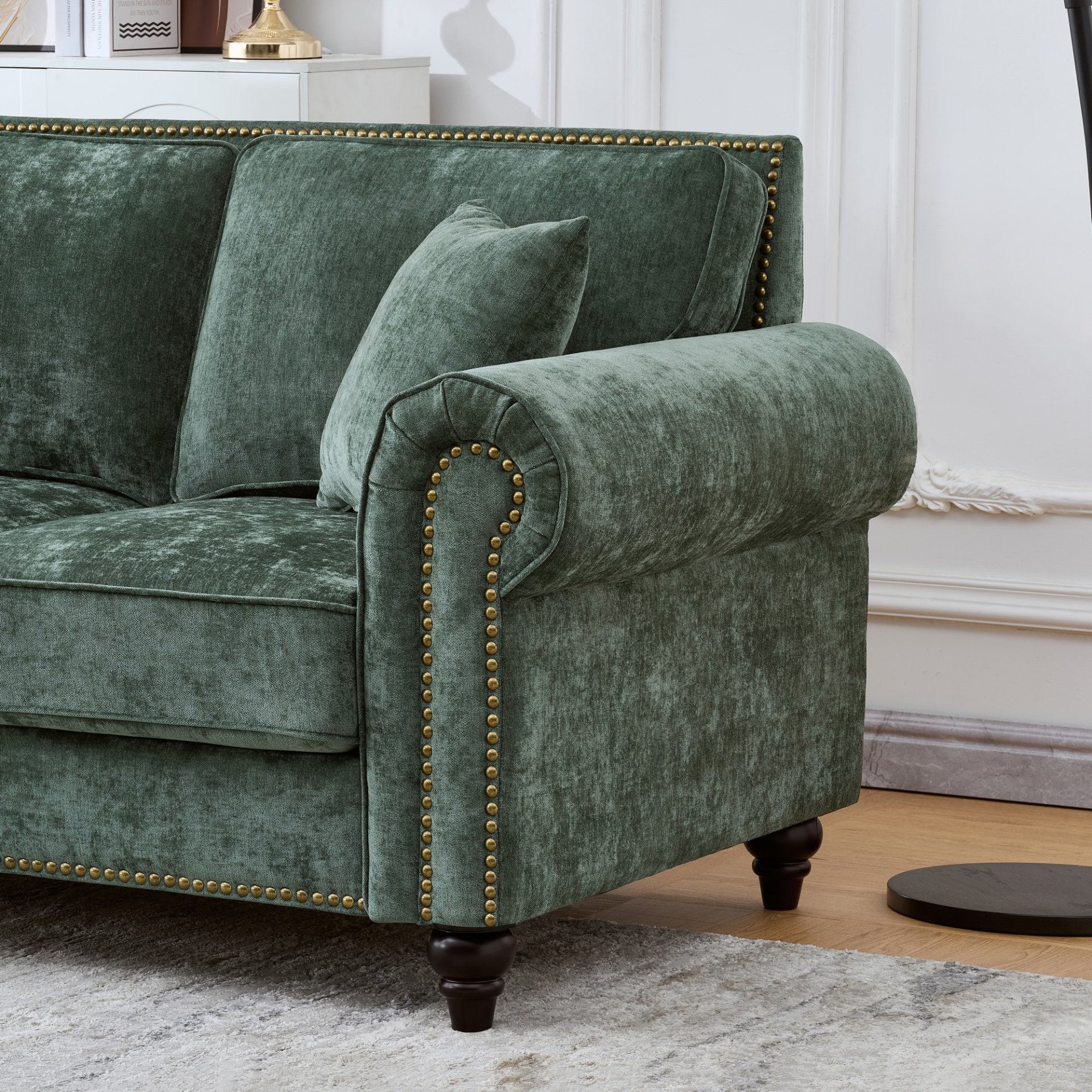2 Seater Sofa With Rolled Arms, Tufted, Legs, Nailhead Trim - Green - Image 10