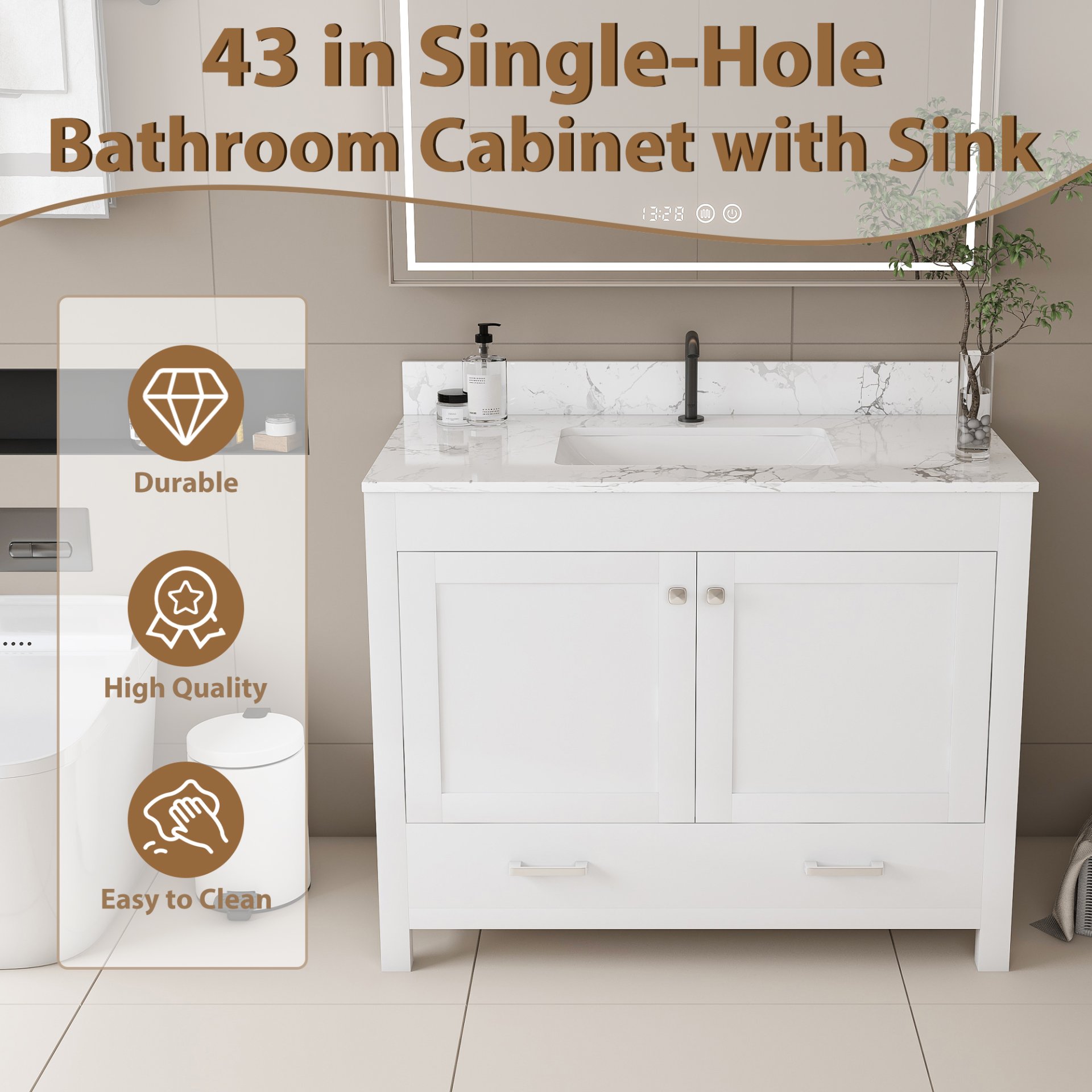 43" Bathroom Vanity With Artificial Marble Carrara Top Set, Multi Functional Cabinet With Doors And Drawer - White - Image 5
