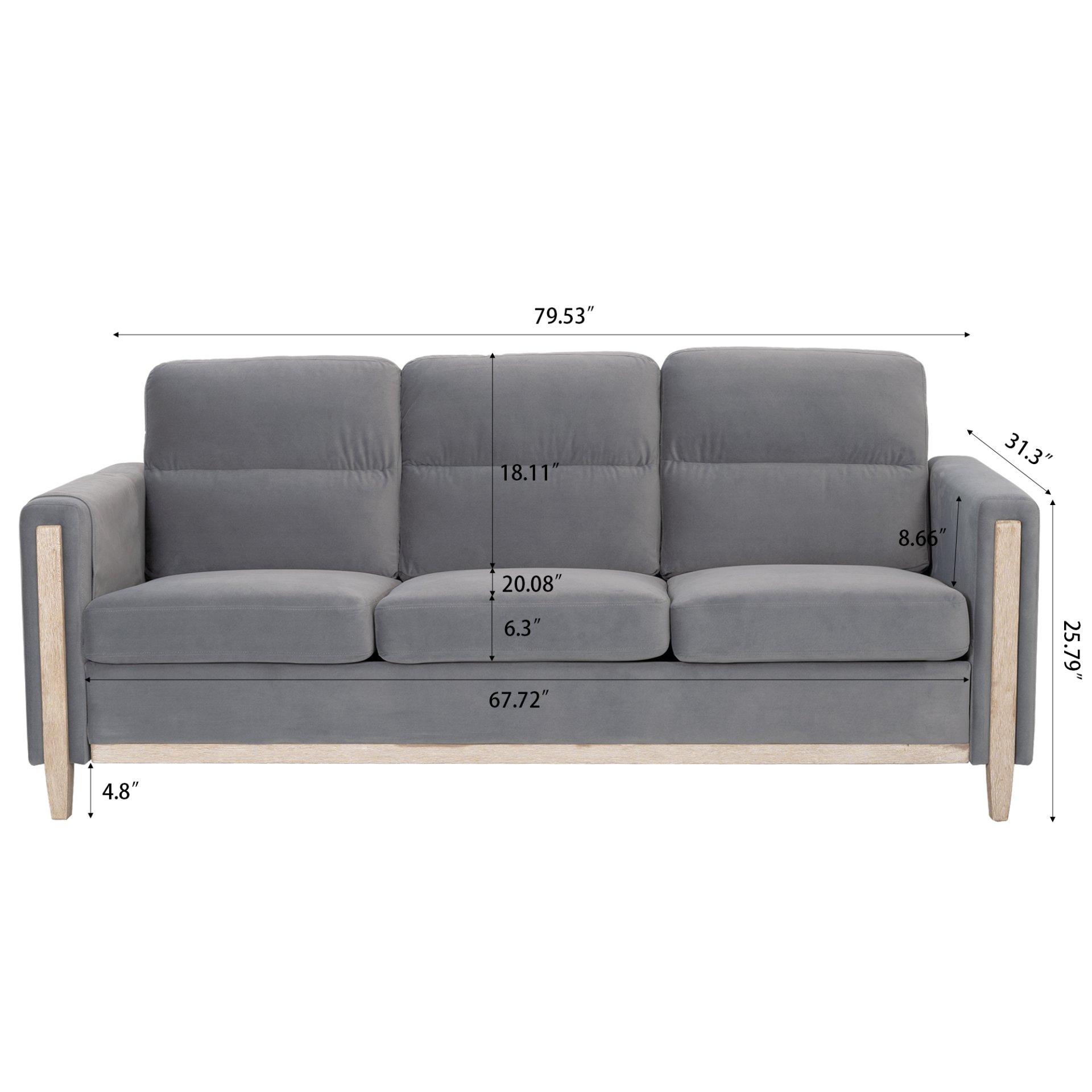 Comfortable Solid Wood Three-Seater Sofa, Soft Cushions, Durable And Long-Lasting, 79.5" Sofa Couch For Living Room - Gray - Image 3