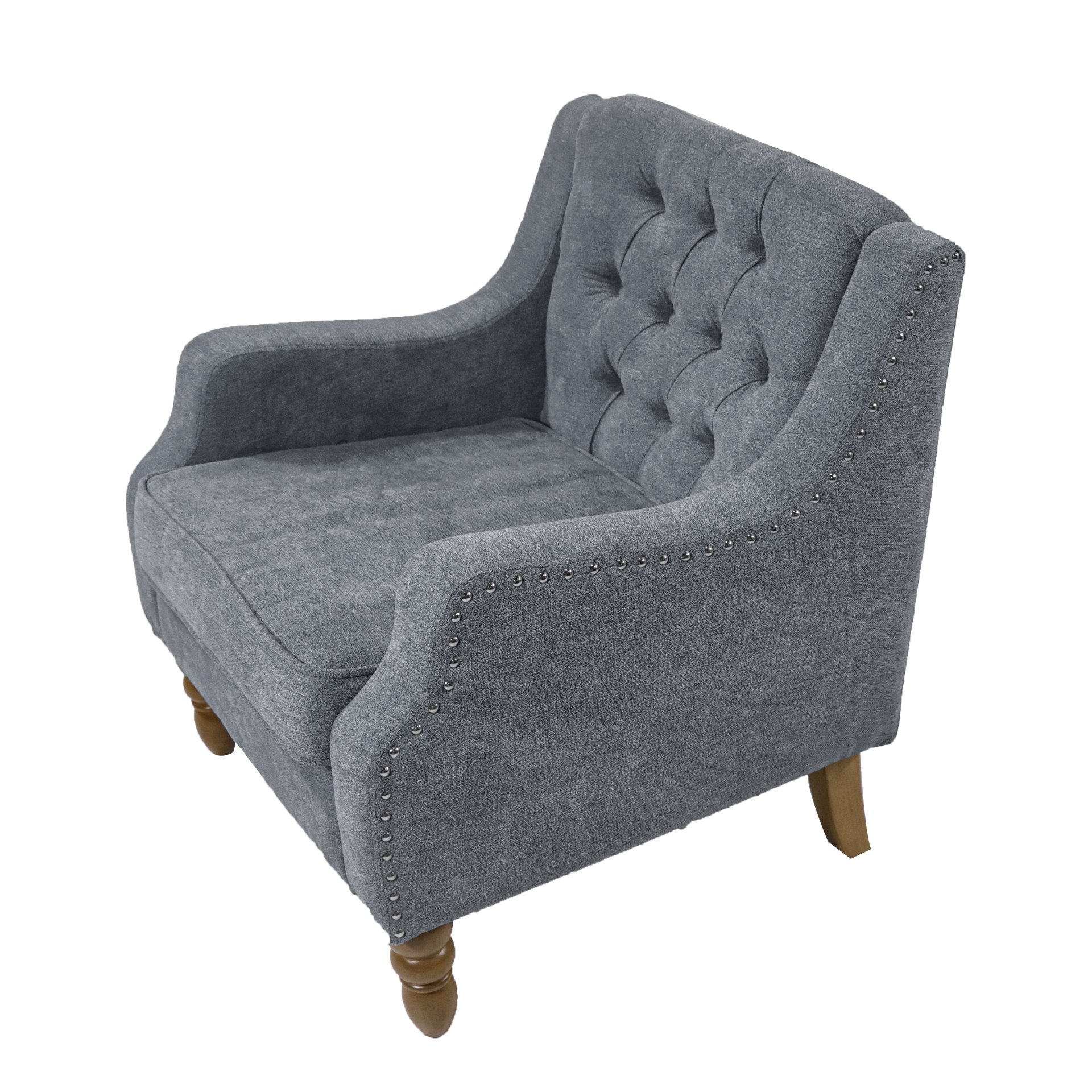 Accent Chair, Living Room Chair, Footrest Chair Set With Vintage Brass Studs, Button Tufted Upholstered Armchair For Living Room, Comfy Reading Chair For Bedroom, Reception Room - Gray - Image 14
