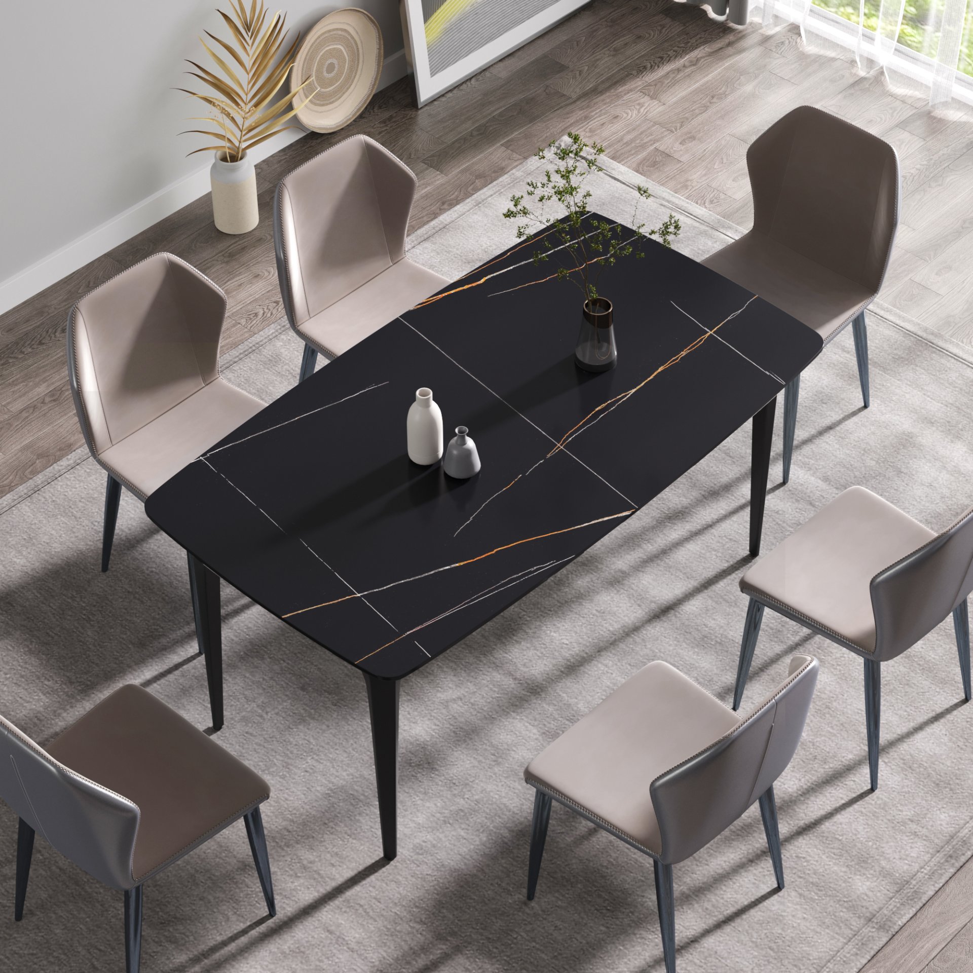 63" Artificial Stone Black Curved Black Metal Leg Dining Table, 6 People - Black - Image 4