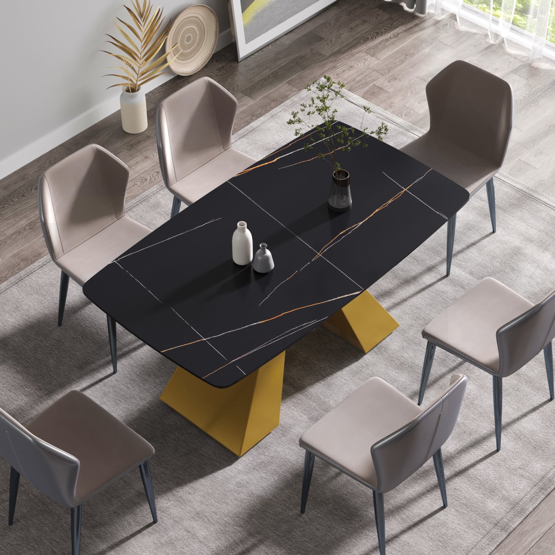 63" Artificial Stone Black Curved Golden Metal Leg Dining Table, 6 People - Black / Gold - Image 4