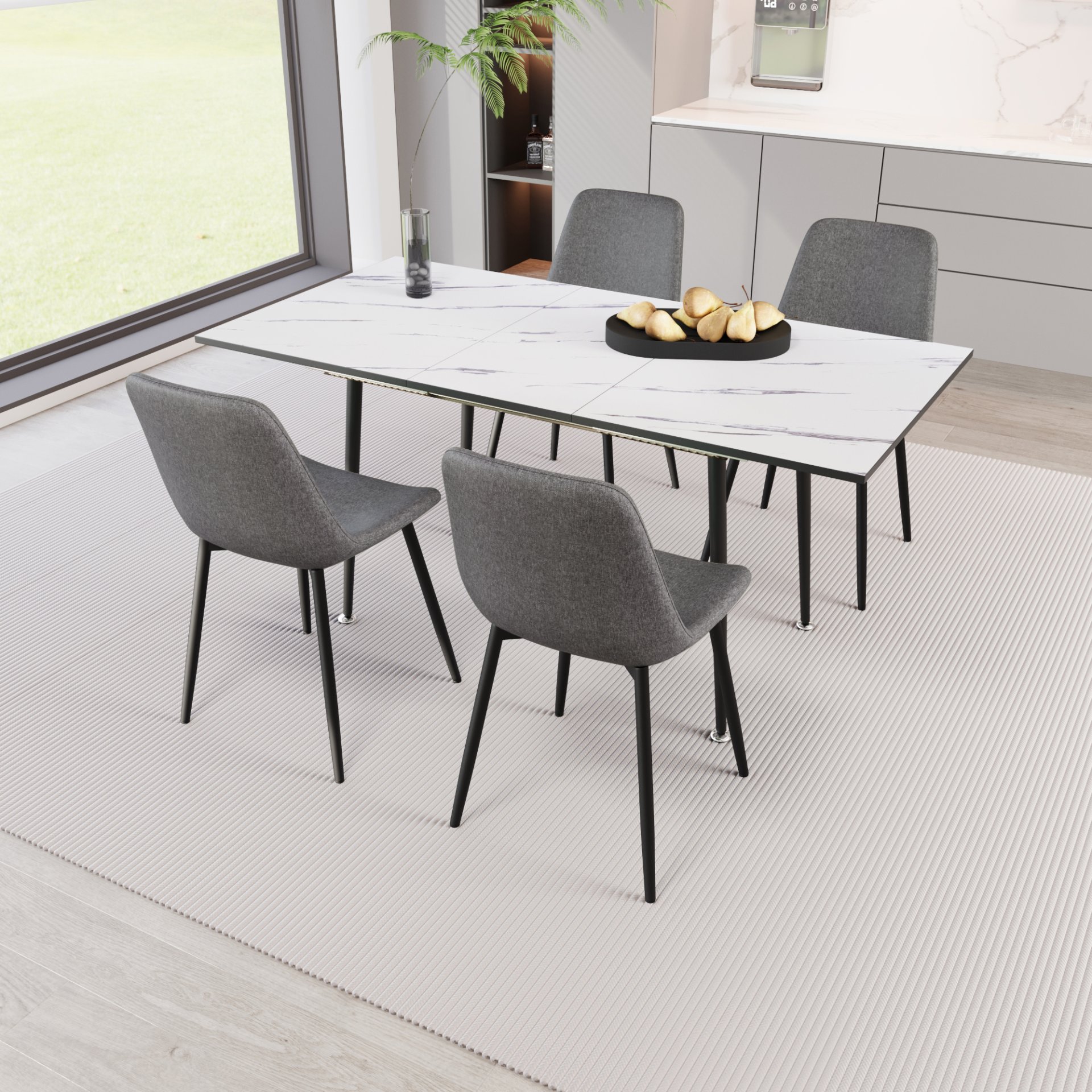 Modern Extendable Dining Table And Chair Set, Elegant Table Chairs, Metal Base - Gray / White - Image 6