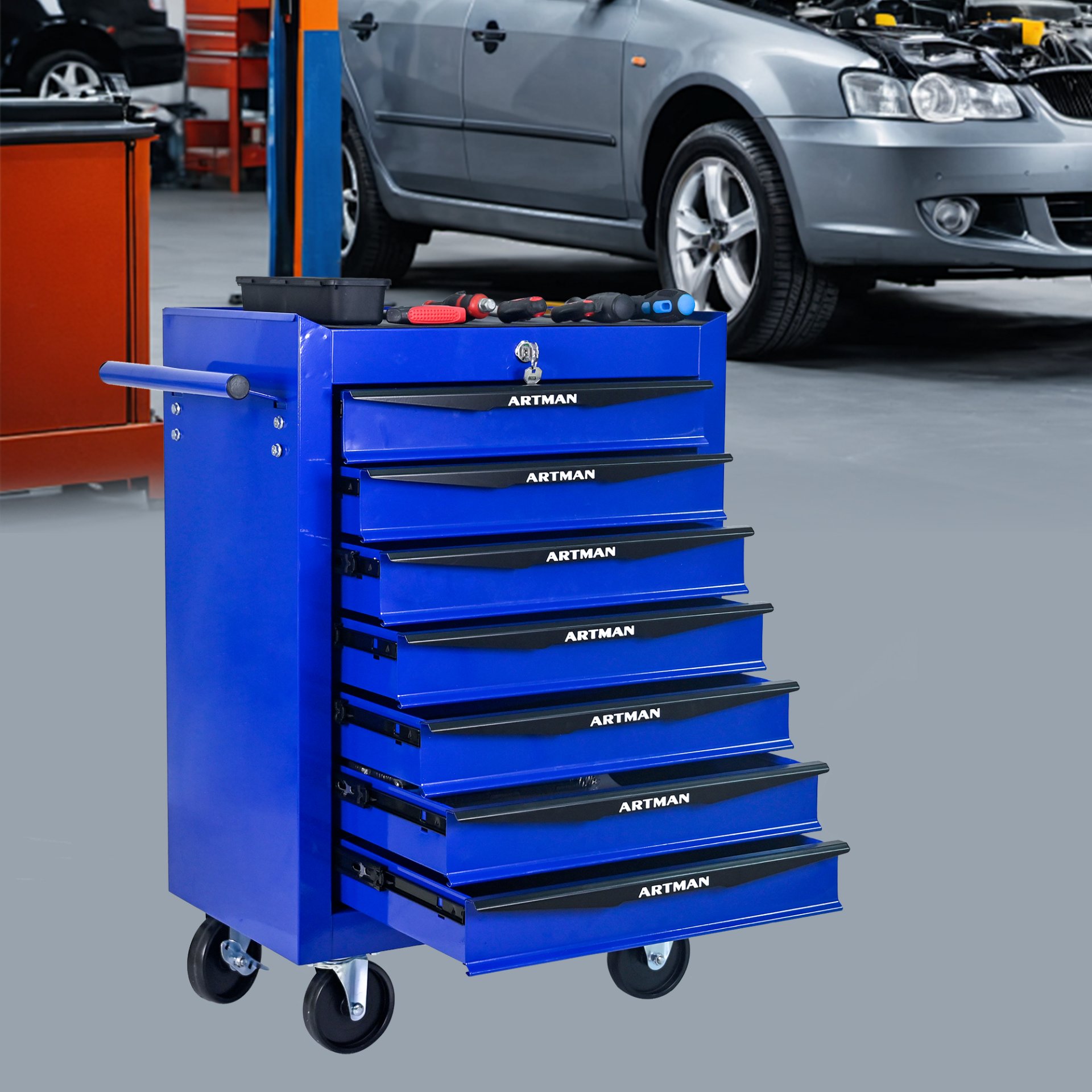 Rolling Metal Tool Chest With 7 Drawers, 20" Steel Storage Cabinet With Ball Bearing Slides - Black / Blue - Image 13