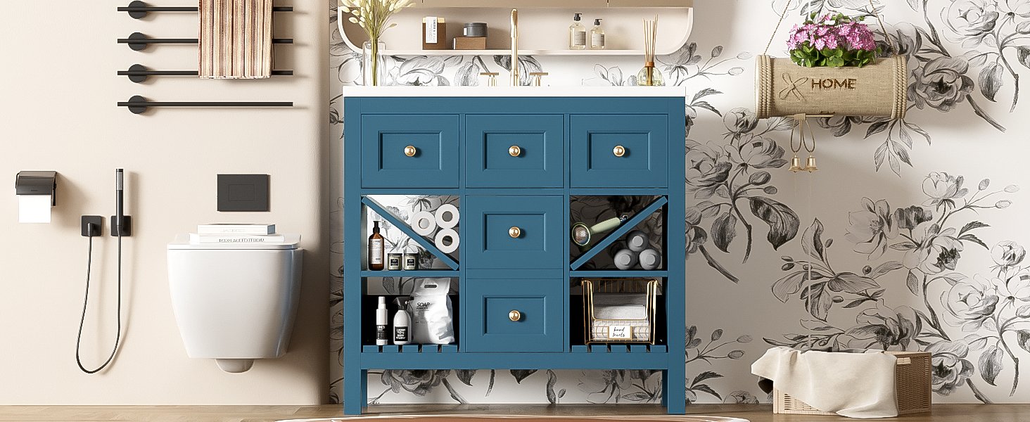 Bathroom Vanity With Resin Sink Combo, Frame Bathroom Storage Cabinet, Freestanding Vanity Set, 5 Drawers & Soft Closing Doors - Blue - Image 23