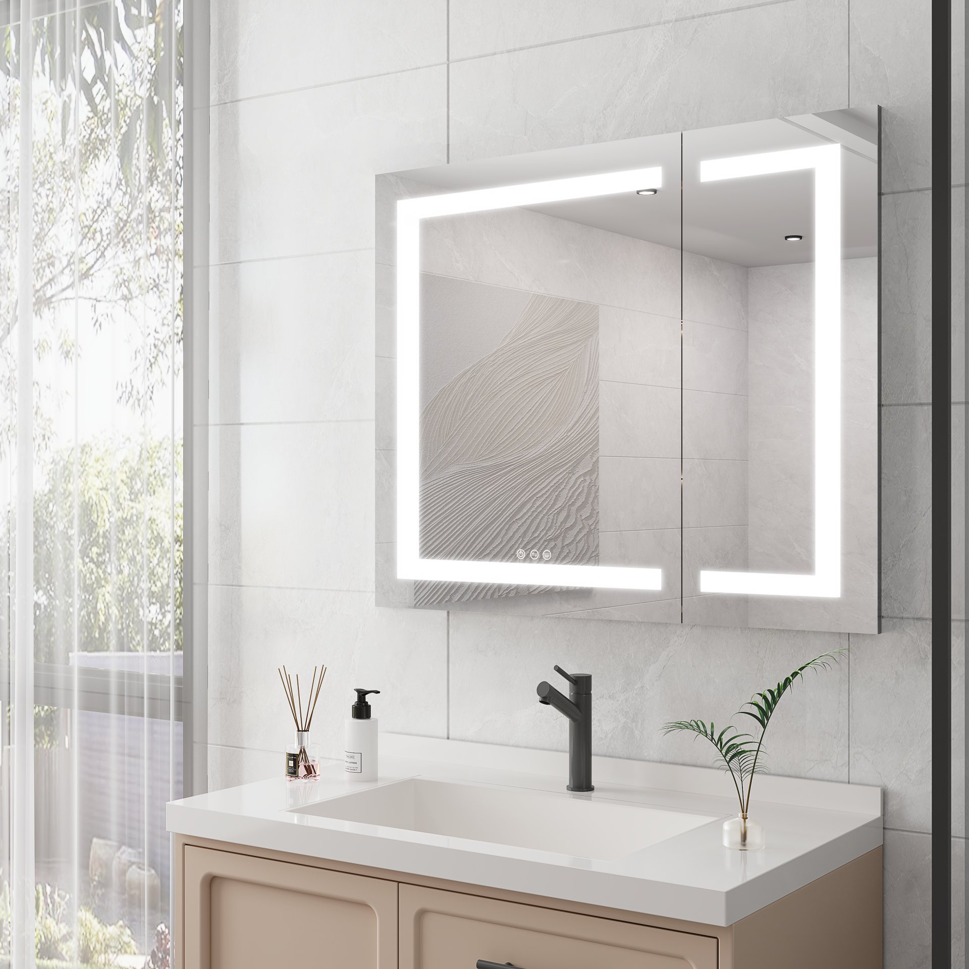 36" X 30" Medicine Cabinet With LED Vanity Mirror, Anti-Fog Recessed Or Surface Mount Bathroom Double Door Large Storage 3000K~6000K Bright Lighted Aluminum Storage Cabinet With Touch Switch - Silver - Image 4
