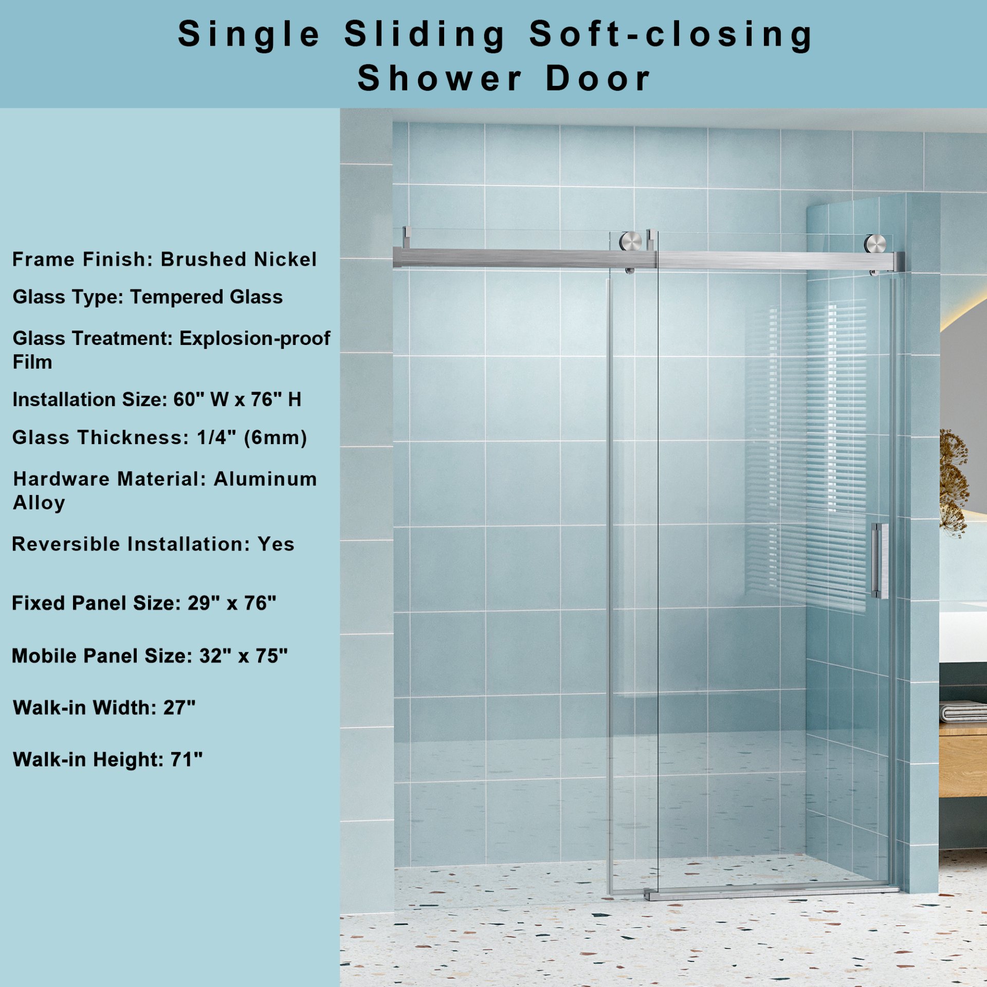 Frameless Soft Closing Shower Door, 1 / 4" (6Mm) Tempered Glass Single Sliding With Explosion Proof Coating - Brushed Nickel - Image 4