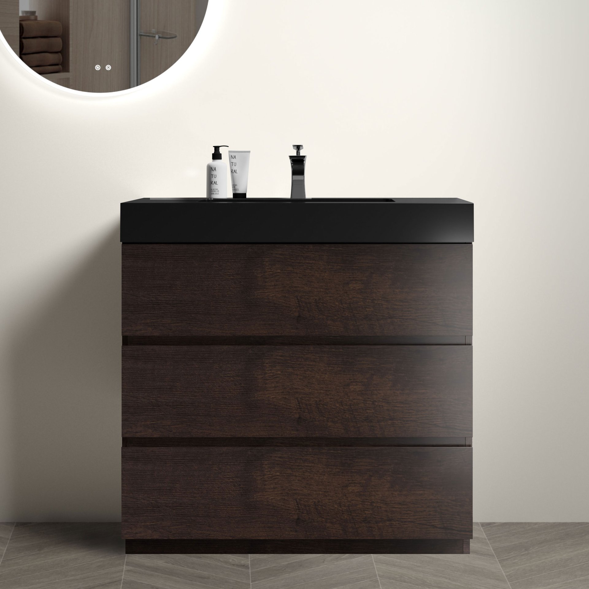 Alice - 36" Bathroom Vanity With Sink, Large Storage Freestanding Bathroom Vanity For Modern Bathroom, One-Piece Sink Basin Without Drain And Faucet - Walnut / Black - Image 2