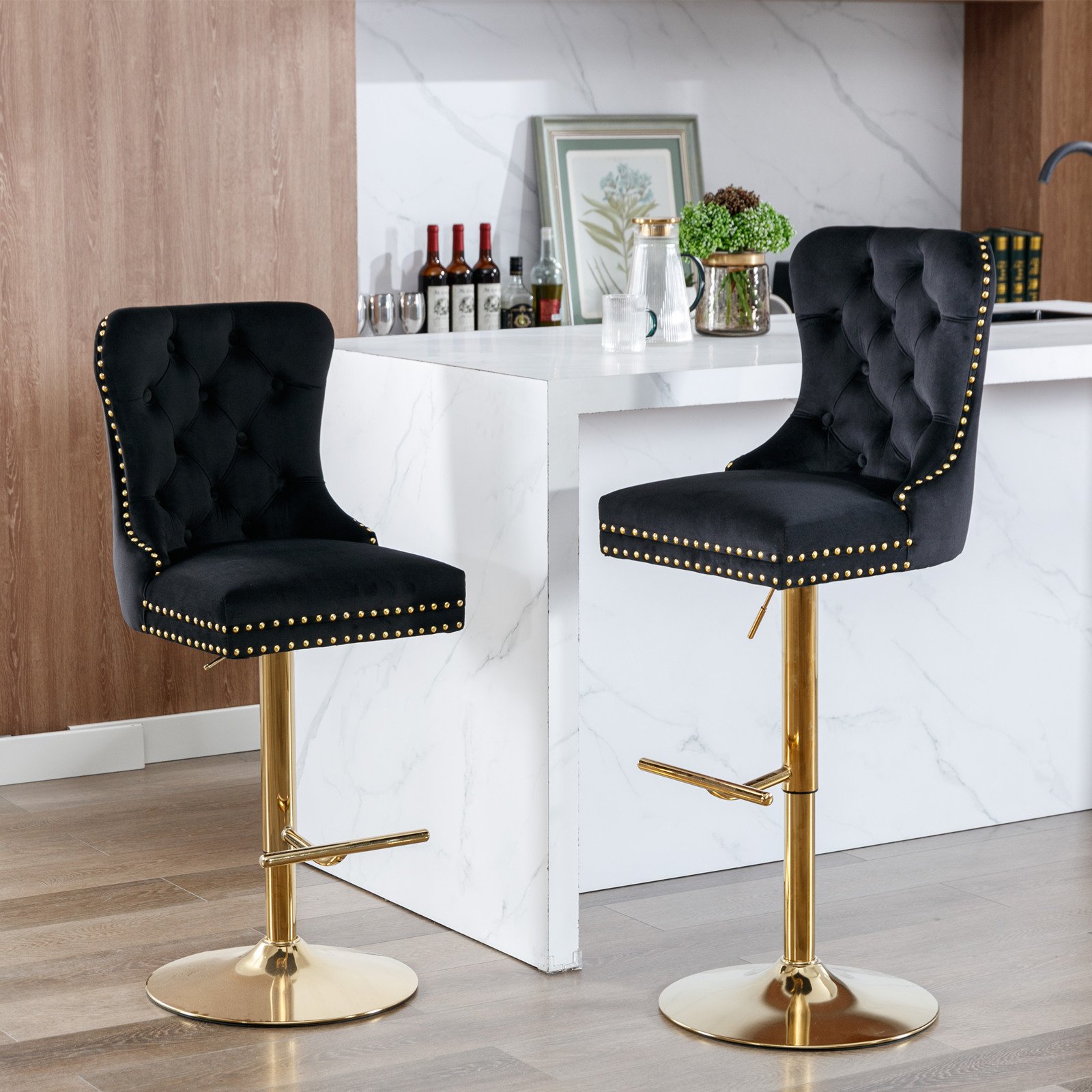 Thick Golden Swivel Velvet Barstools Adjusatble Seat Height From 27-35", Modern Upholstered Bar Stools With Backs Comfortable Tufted For Home Pub And Kitchen Island (Set of 2) - Black - Image 16
