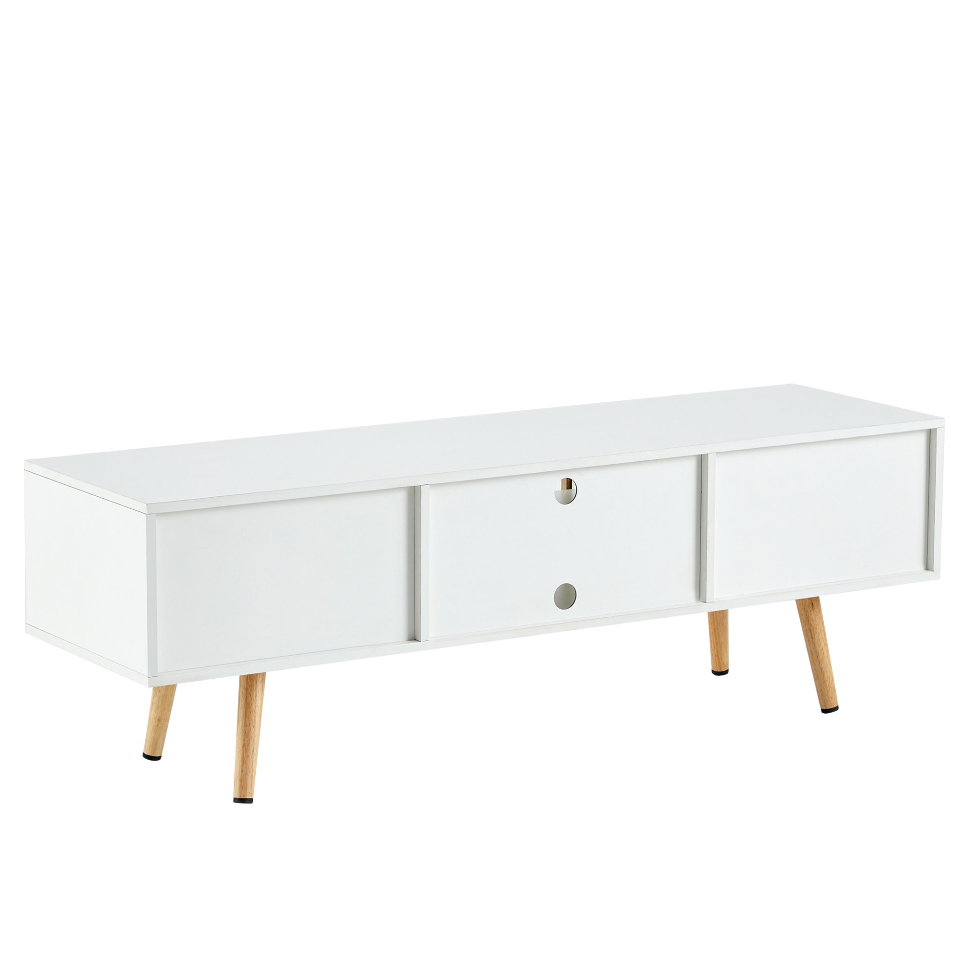 55.12" Rattan TV Cabinet, Double Sliding Doors For Storage, Adjustable Shelf, Solid Wood Legs, TV Console For Living Room - White - Image 11