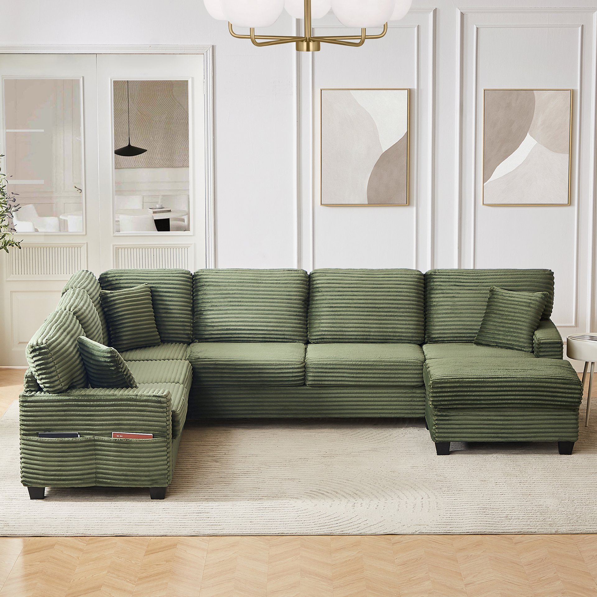 Modern Sectional Sofa U Shaped With Movable Ottoman And Side Storage Pockets Corduroy - Green - Image 6
