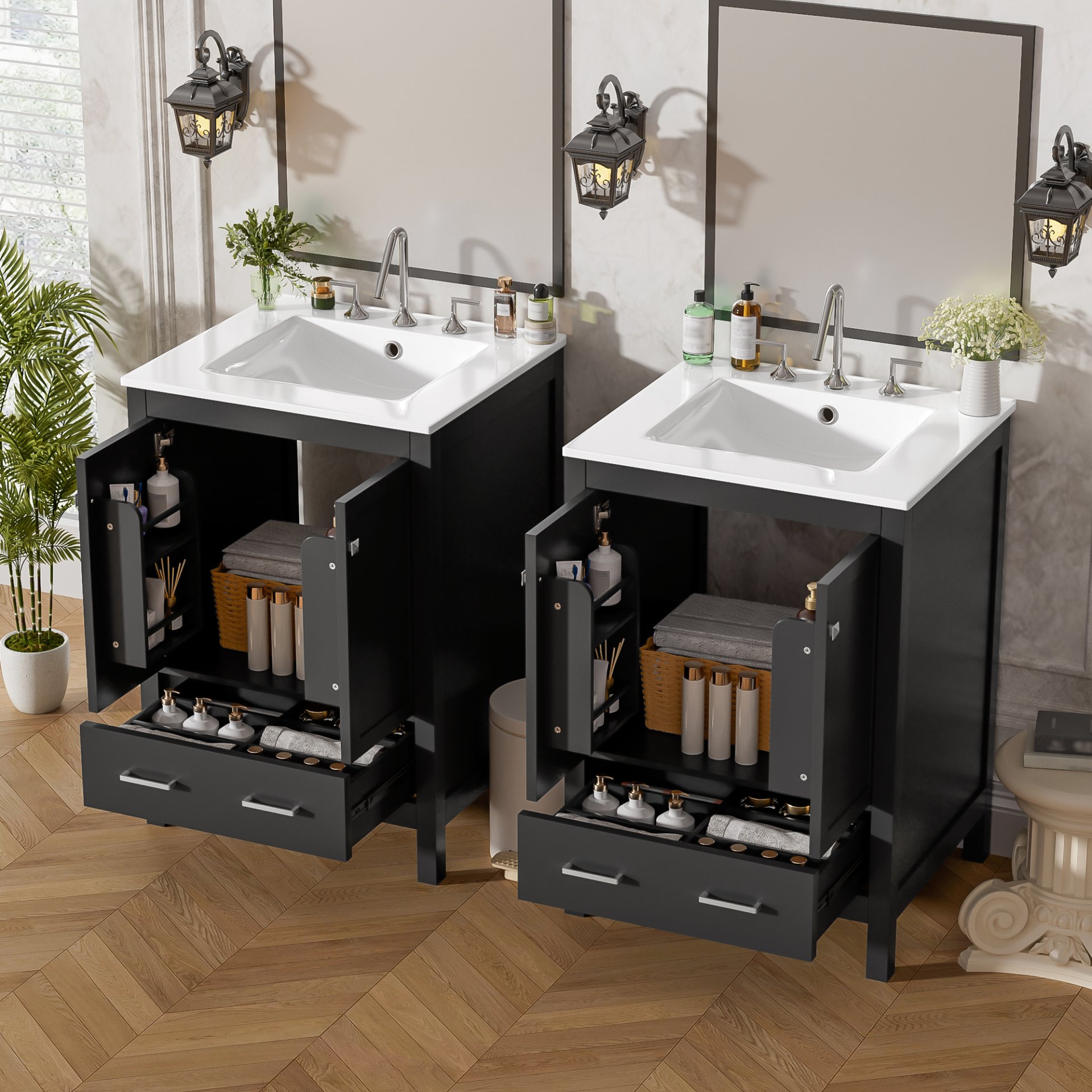 Bathroom Vanity With Integrated Undermount Sinks, Soft Close Doors, Divided Drawer, And Double Layer Door Shelf - Black - Image 6