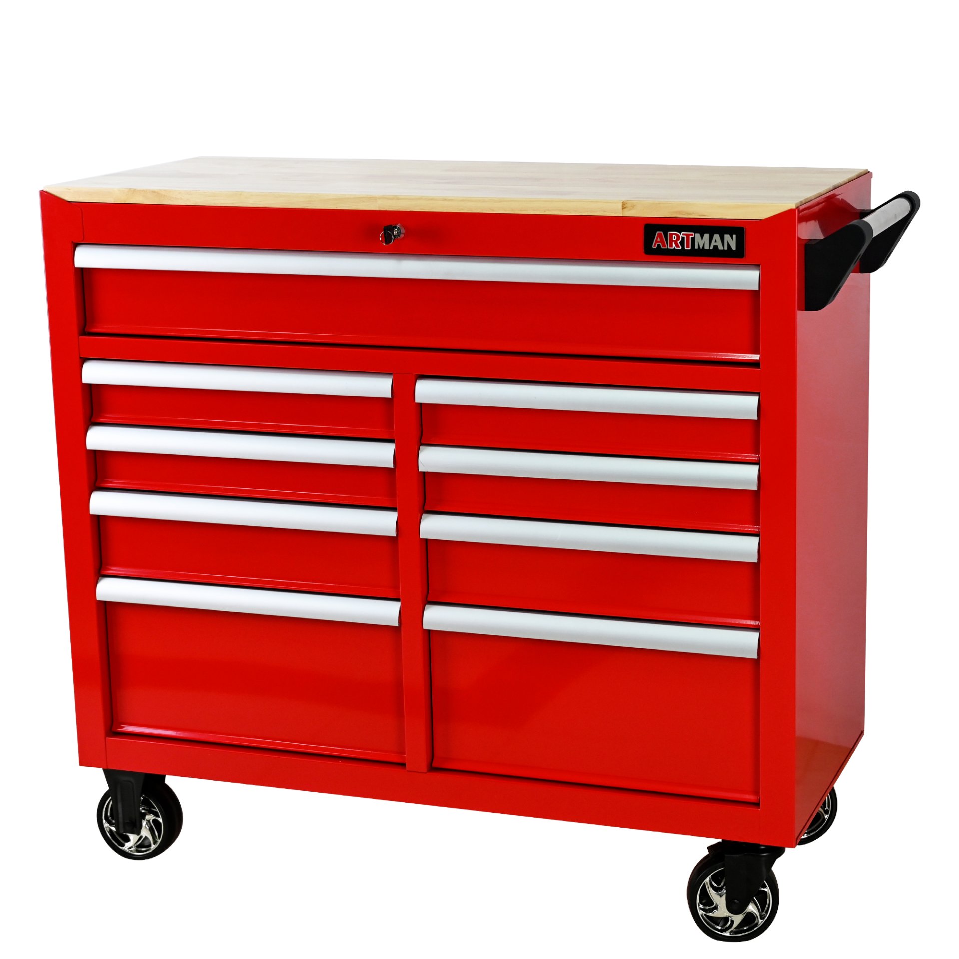 9 Drawer Multifunctional Steel Tool Cart With Wheels And Wooden Top - Red - Image 4
