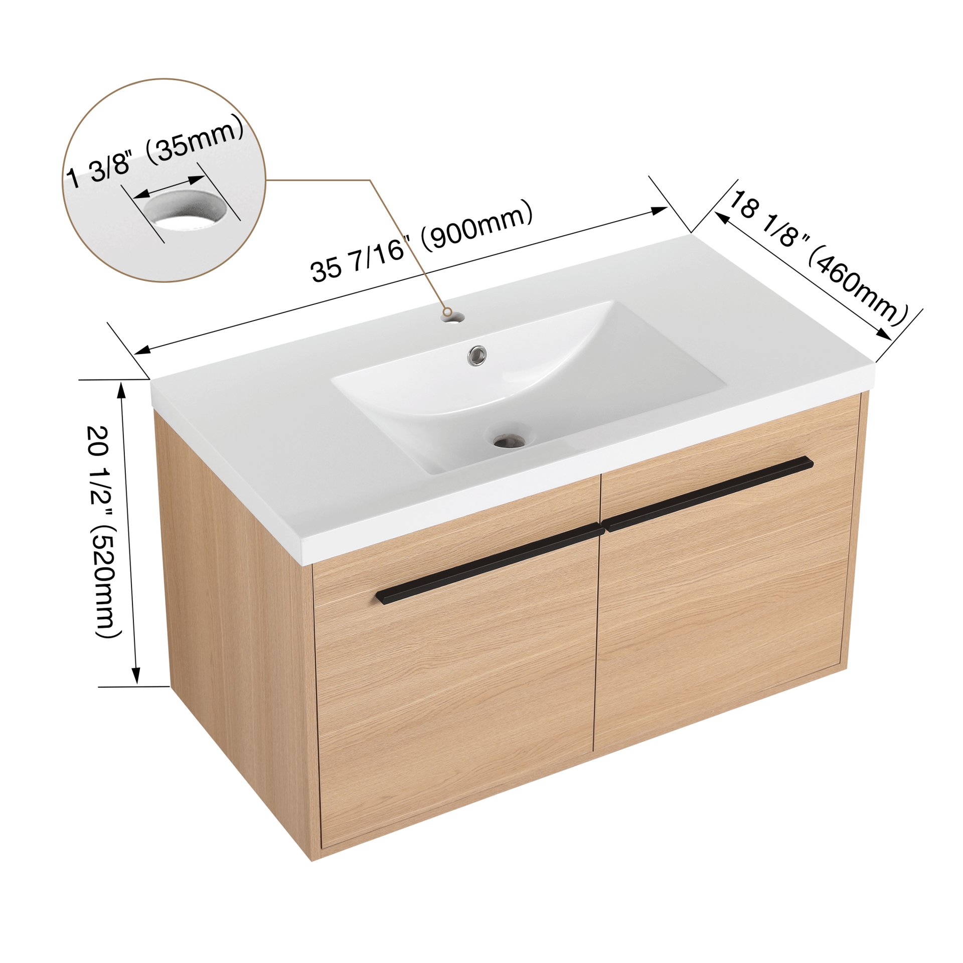 Bathroom Vanity With Resin Countertop Sink, 2 Doors Cabinet Set - Oak - Image 3