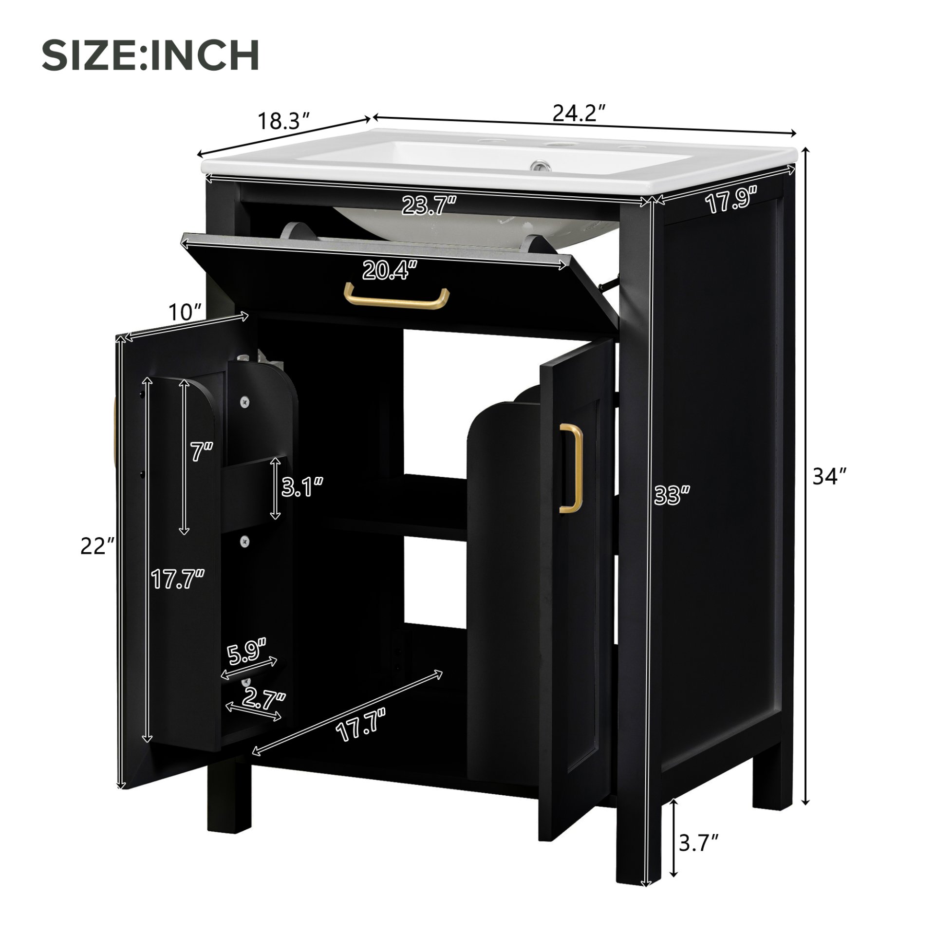 Bathroom Vanity Combo With Ceramic Sink, Luxurious Space-Saving Vanity, 2 Soft Close Doors - Black - Image 4