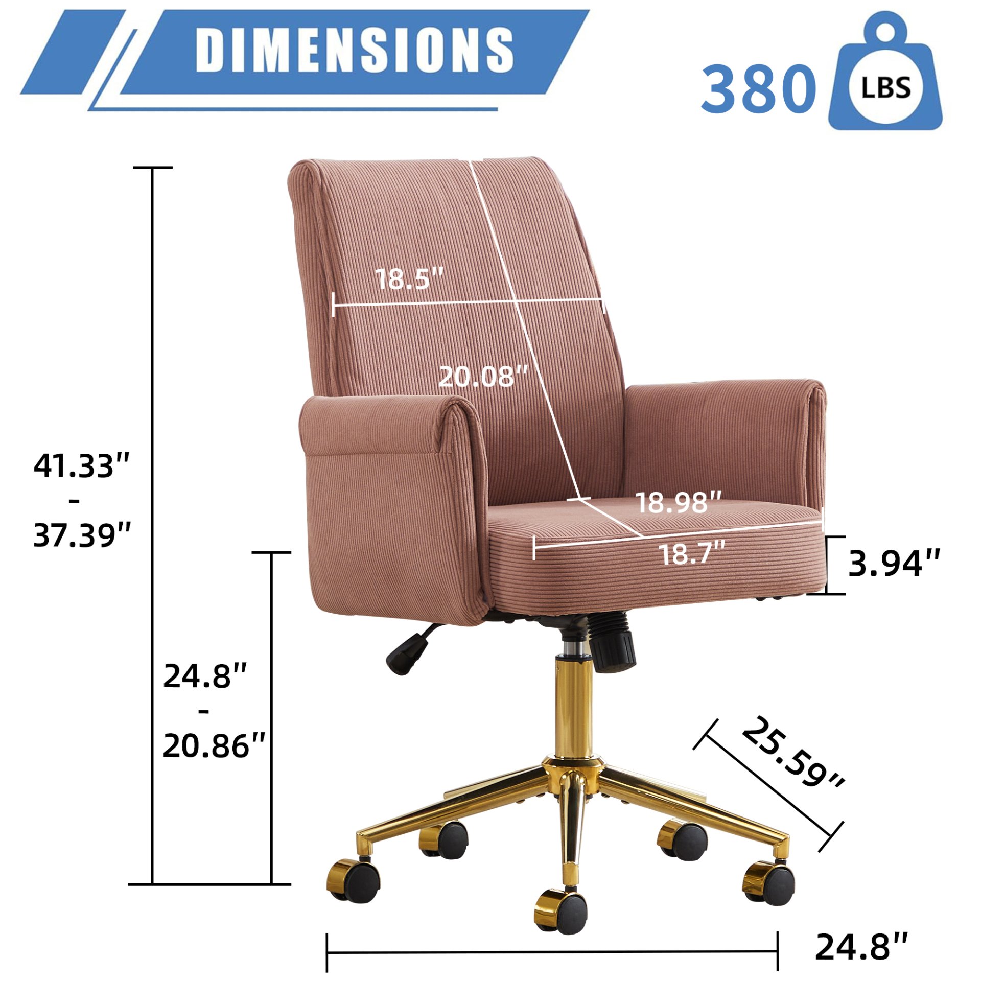 Ergonomic Mid Back Office Chair With Striped Fabric - Light Pink - Image 3