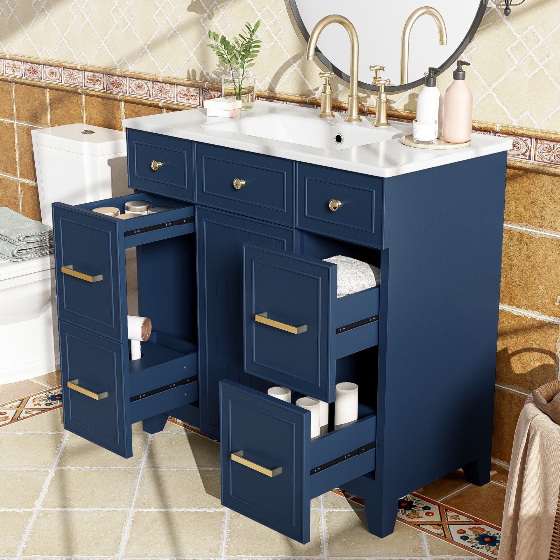 Bathroom Vanity With Sink, Soft Close Doors, Adjustable Shelves - Blue - Image 6