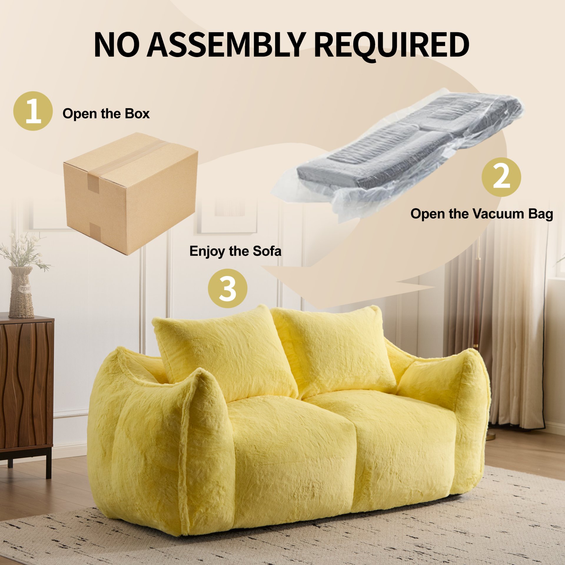 Giant Bean Bag Couch, Ultra Soft Fluffy Loveseat For Living Room Reading Chair With Pillows - Yellow - Image 7