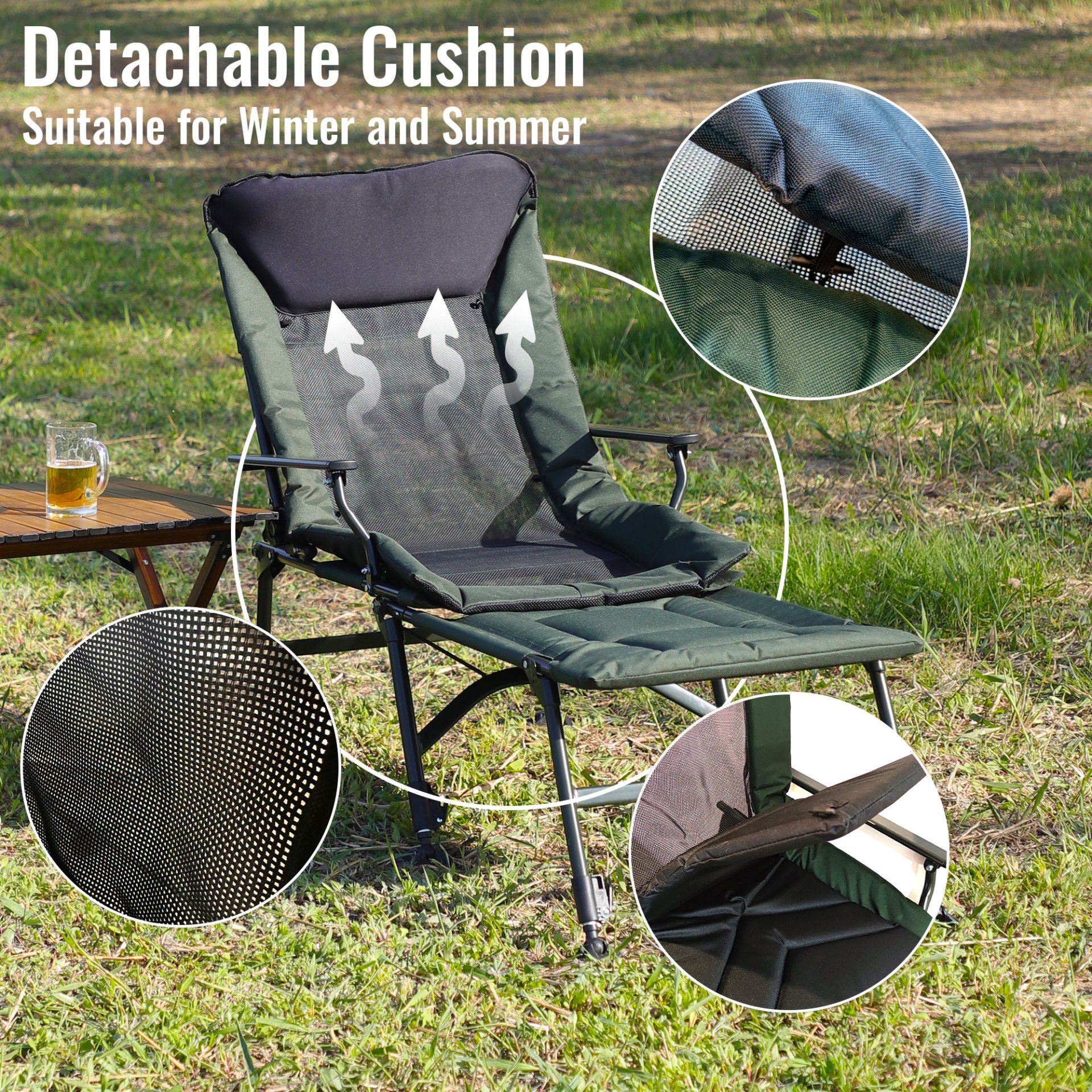 Camping Lounge Chair With Detachable Footrest, Portable Folding Reclining Camping Chair With Adjustable Backrest For Indoor And Outdoor Camping Beach Hiking Fishing - Green / Black - Image 13