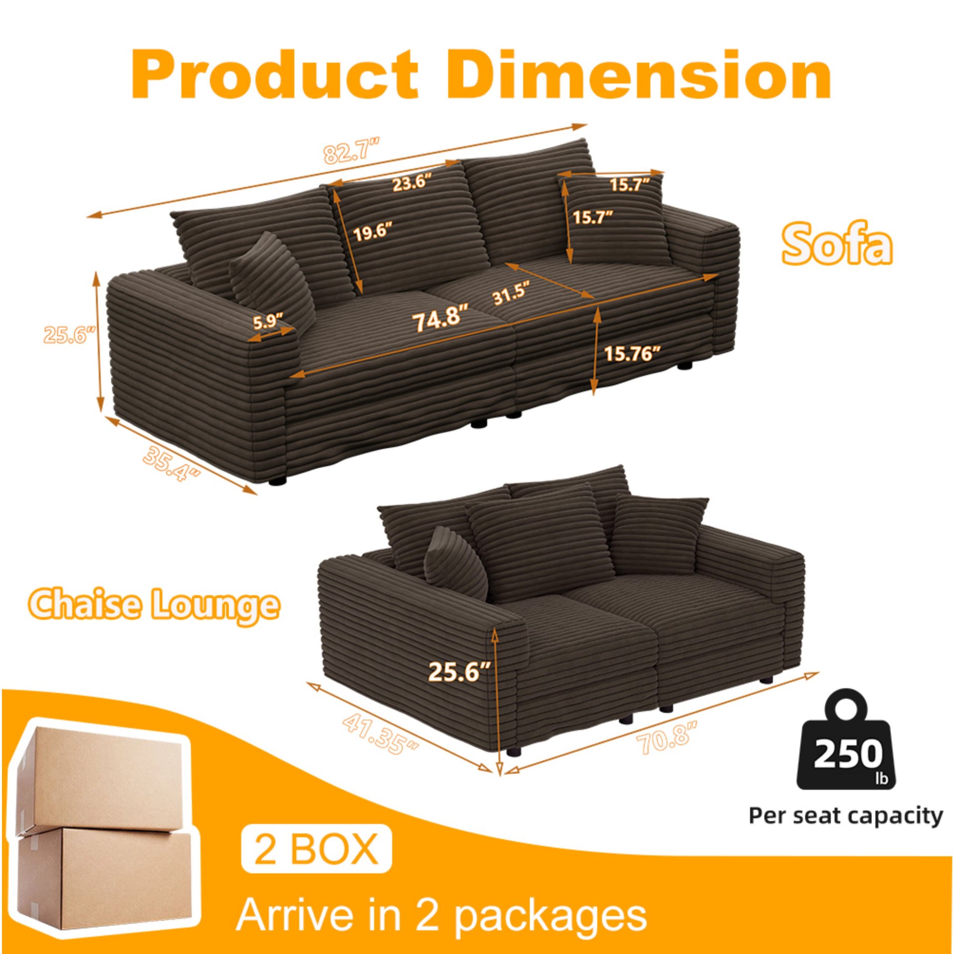 3 Seat Sofa, Convertible Deep Seat Sofa Lounge Chair For Living Room - Camel - Image 8