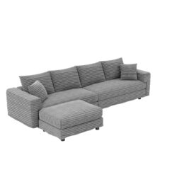 Plush Corduroy 4 Seat Sofa, Modern Comfy Upholstered Sofa Cloud Couch, Deep Seat Couches With Soft Pillows And Movable Ottoman, Convertible Sofa Lounge Chair - Gray