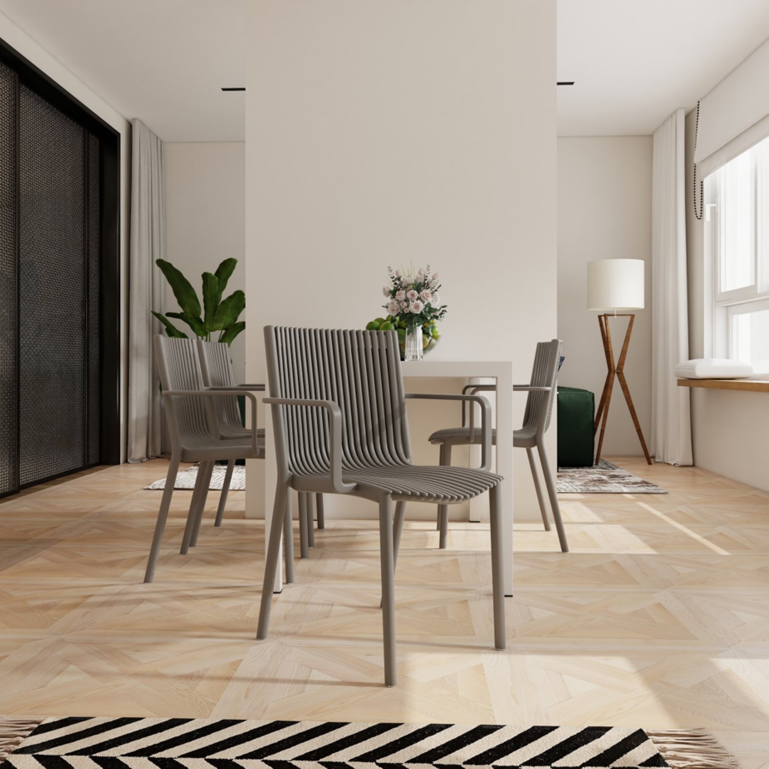 4 Piece Stackable Single Chairs With Vertical Stripe Design For All Weather - Warm Gray - Image 5