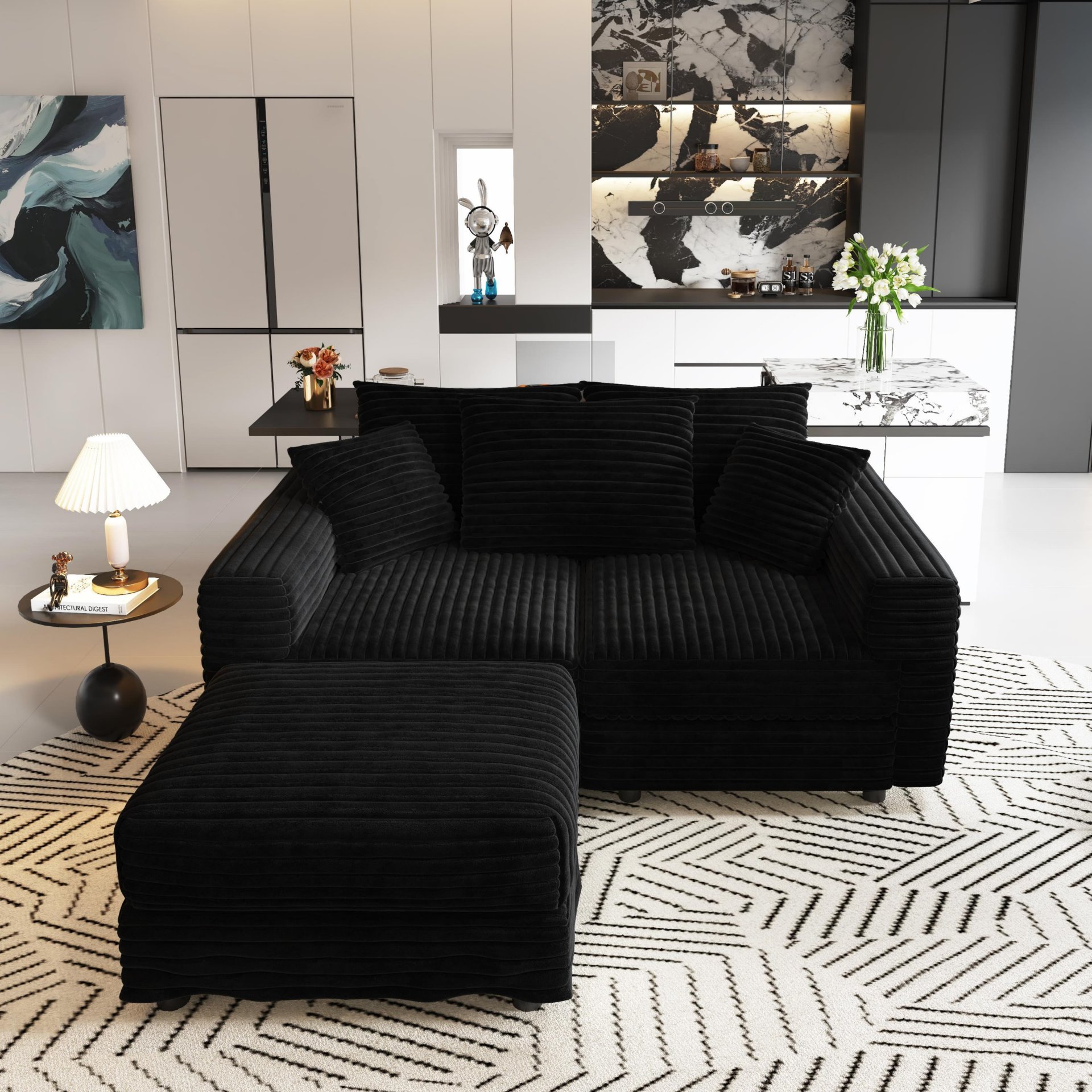 3 Seat Sofa, Deep Seat Couches With Soft Pillows And 1 Ottomans, Convertible Sofa Lounge Chair, For Living Room - Black - Image 17