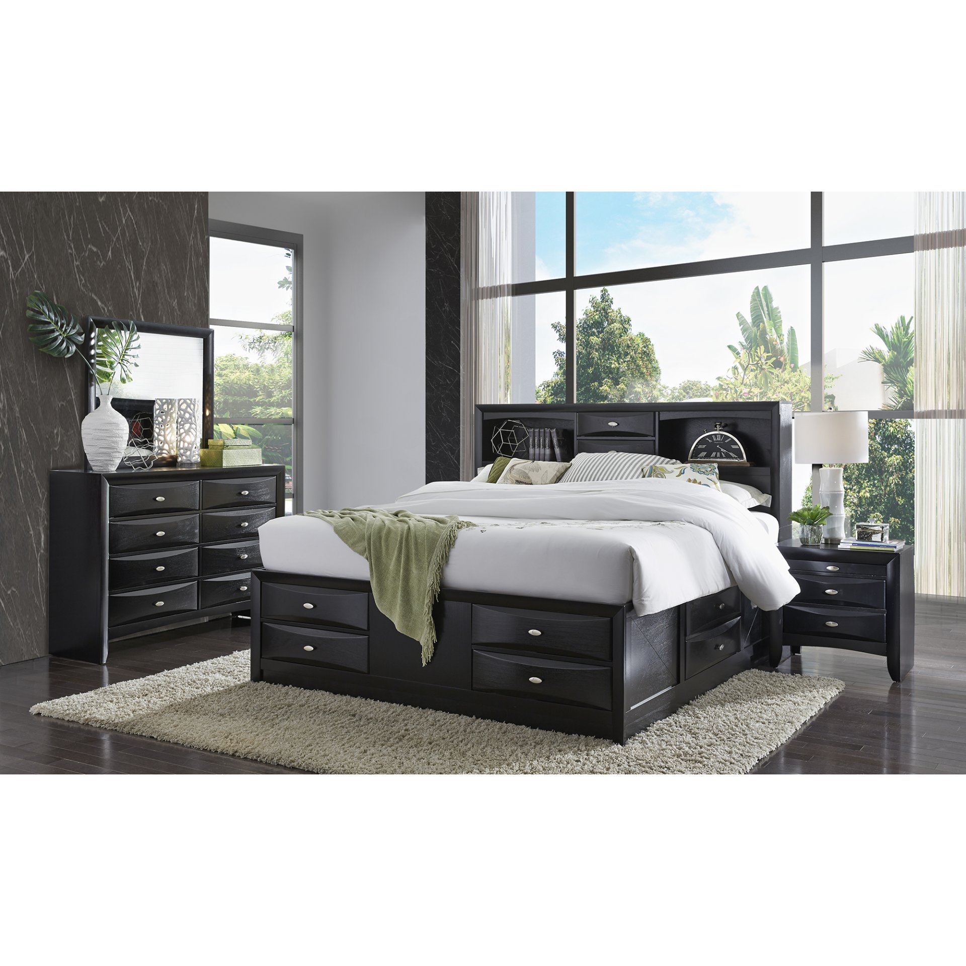 Lucille - 5 Piece Full Bedroom Set With Storage Drawers And Bookcase Headboard - Black - Image 2