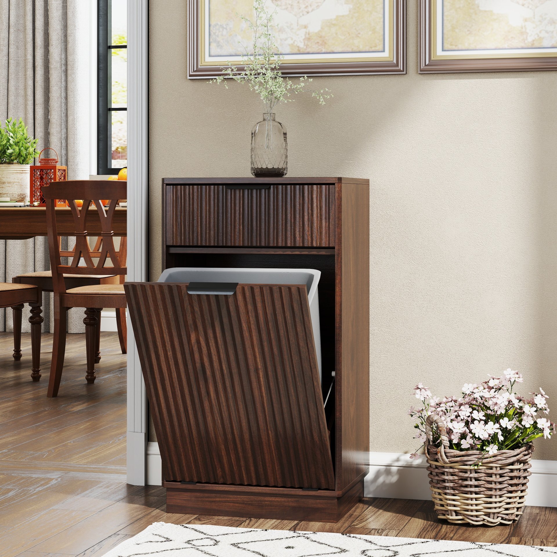 Tilt Out Trash Can Cabinet With Wave Textured Drawer & Pull Out Bin - Walnut - Image 4