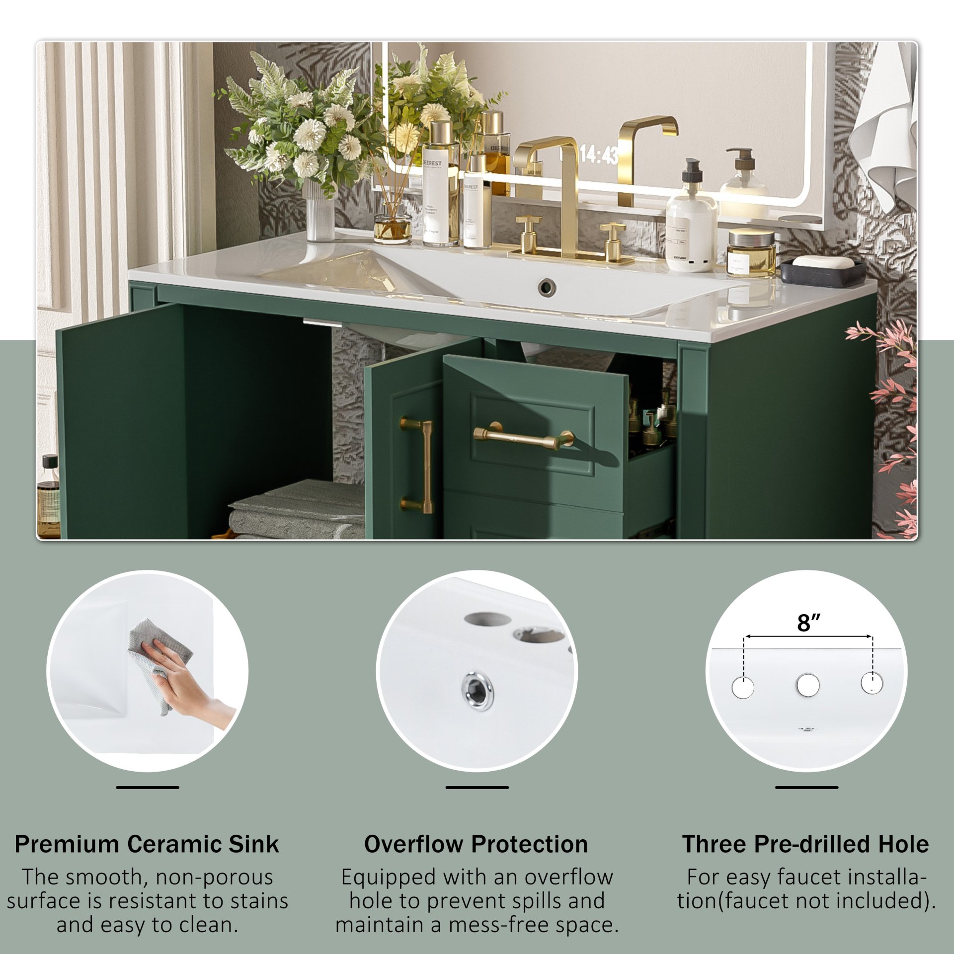 Traditional Bathroom Vanity With Sink, Soft Close Doors & Drawers, 36" - Green - Image 8