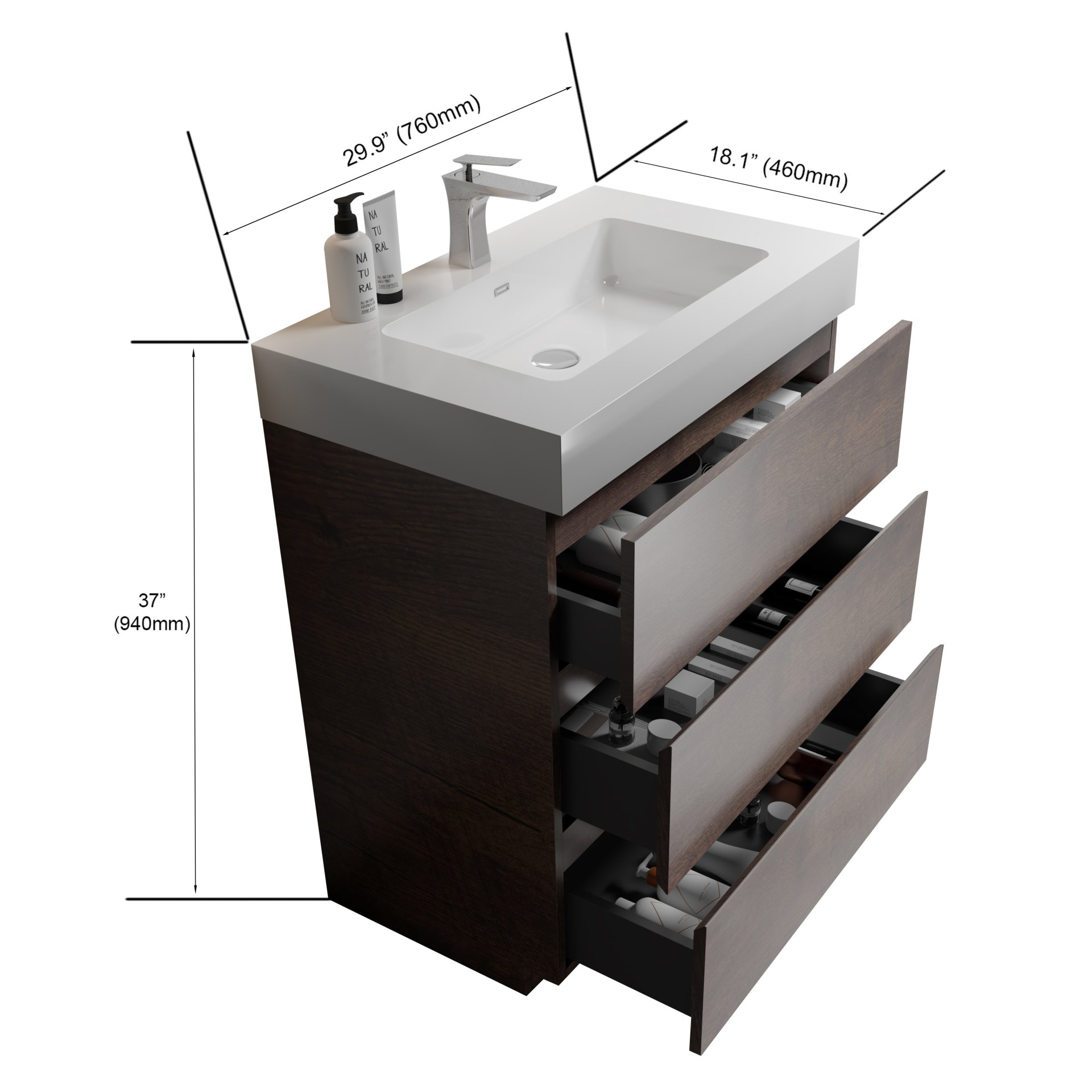 Alice - 30" Bathroom Vanity With Sink, Large Storage Freestanding Bathroom Vanity For Modern Bathroom, One-Piece Sink Basin Without Drain And Faucet - White / Walnut - Image 3