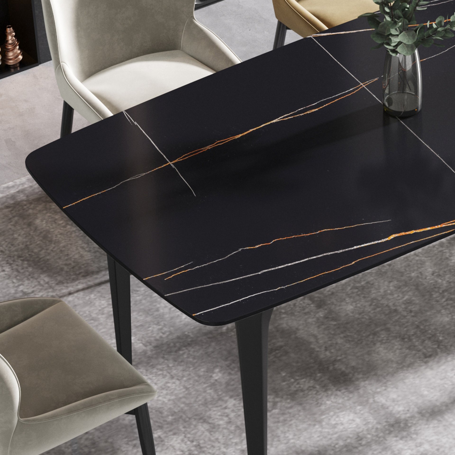 63" Artificial Stone Black Curved Black Metal Leg Dining Table, 6 People - Black - Image 7