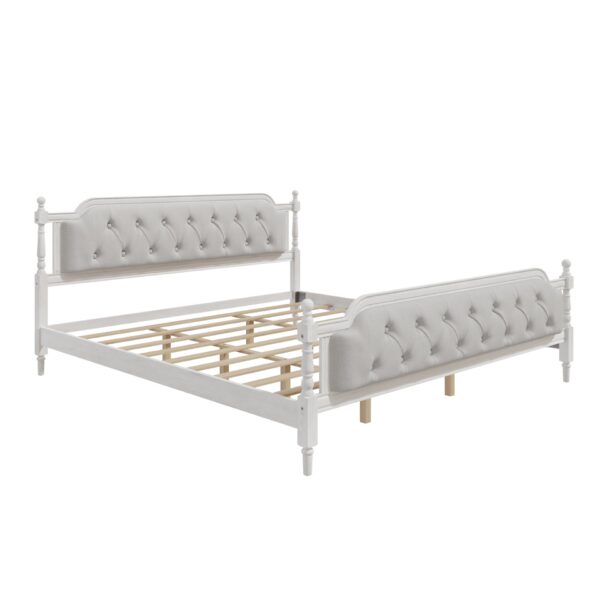 King Size Traditional Style Solid Bed Frame With Upholstered Tufted Headboard, No Box Spring Needed - Antique White