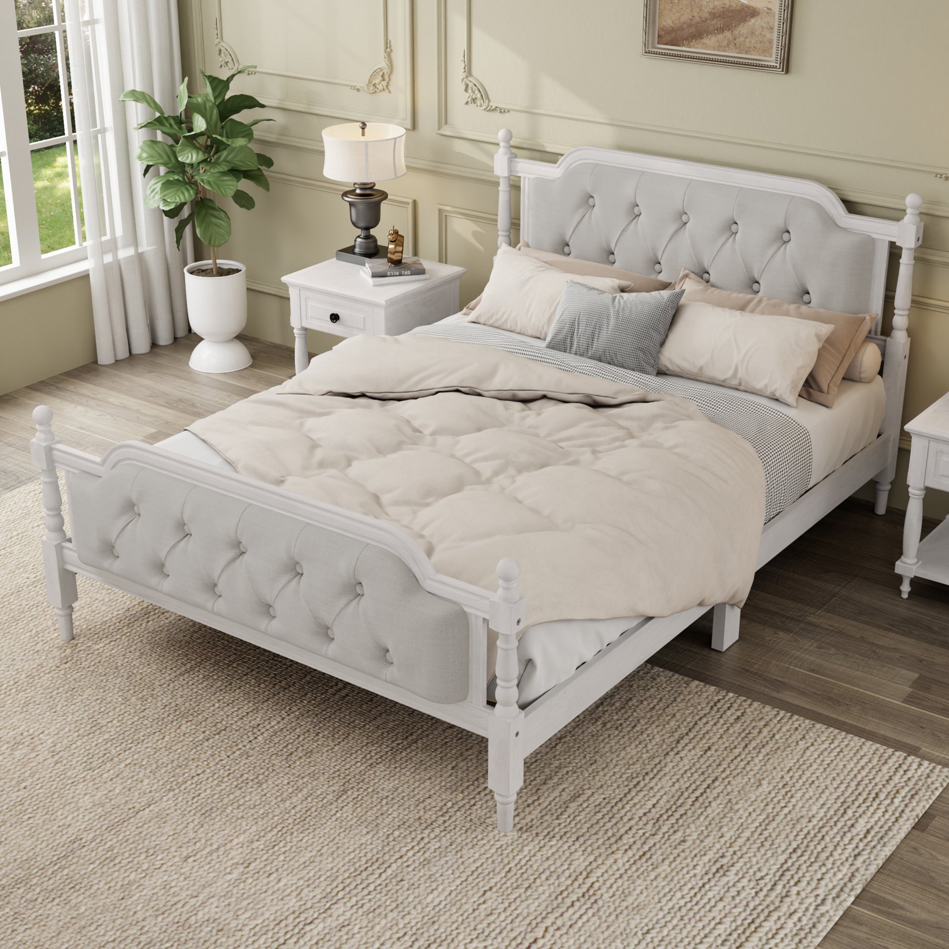 Full Size Traditional Style Solid Bed Frame With Upholstered Tufted Headboard, No Box Spring Needed - Antique White - Image 2