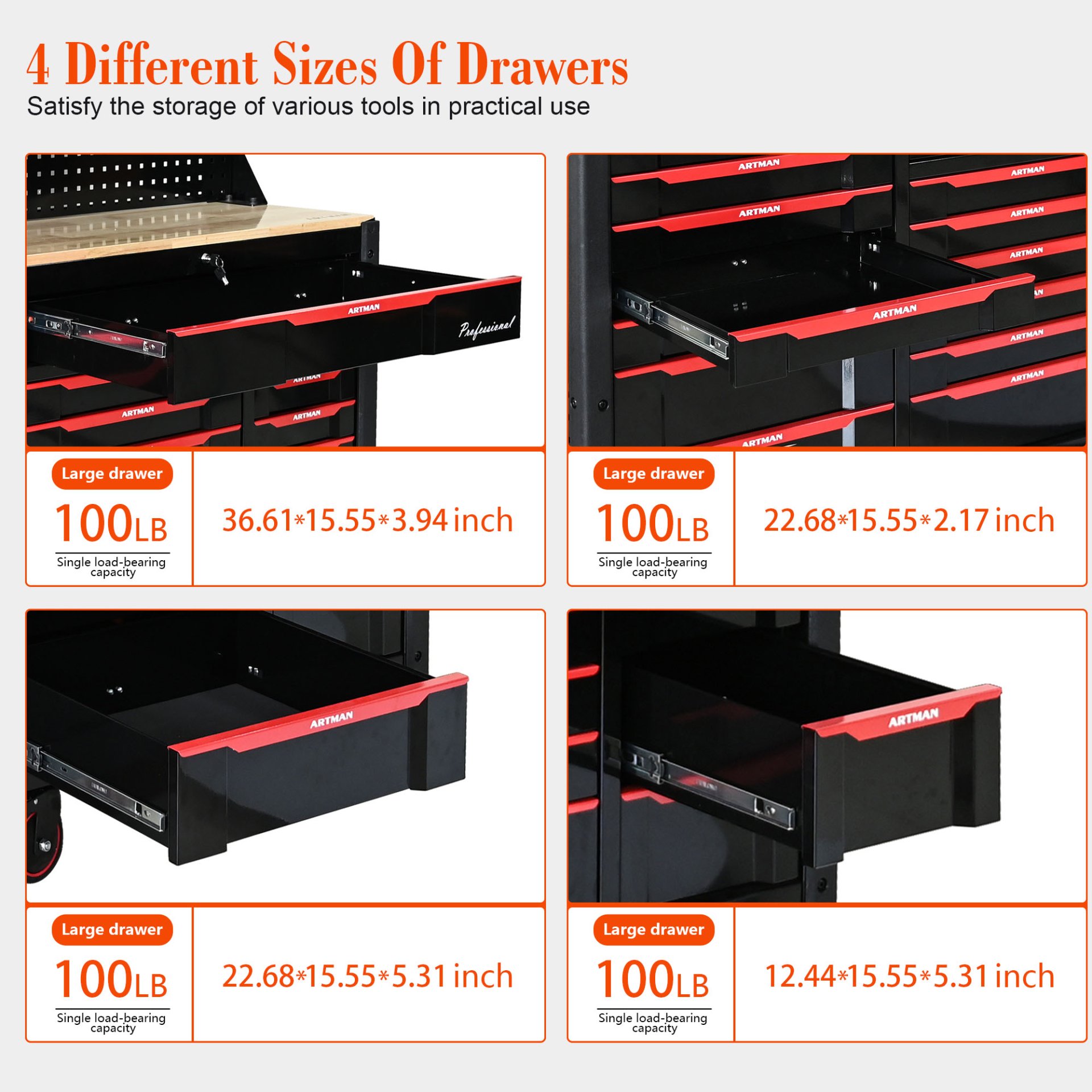 Heavy Duty Tool Cart With 19 Drawers, Tools Not Included, Mobile Storage For Workshop Or Laboratory - Black / Red - Image 6